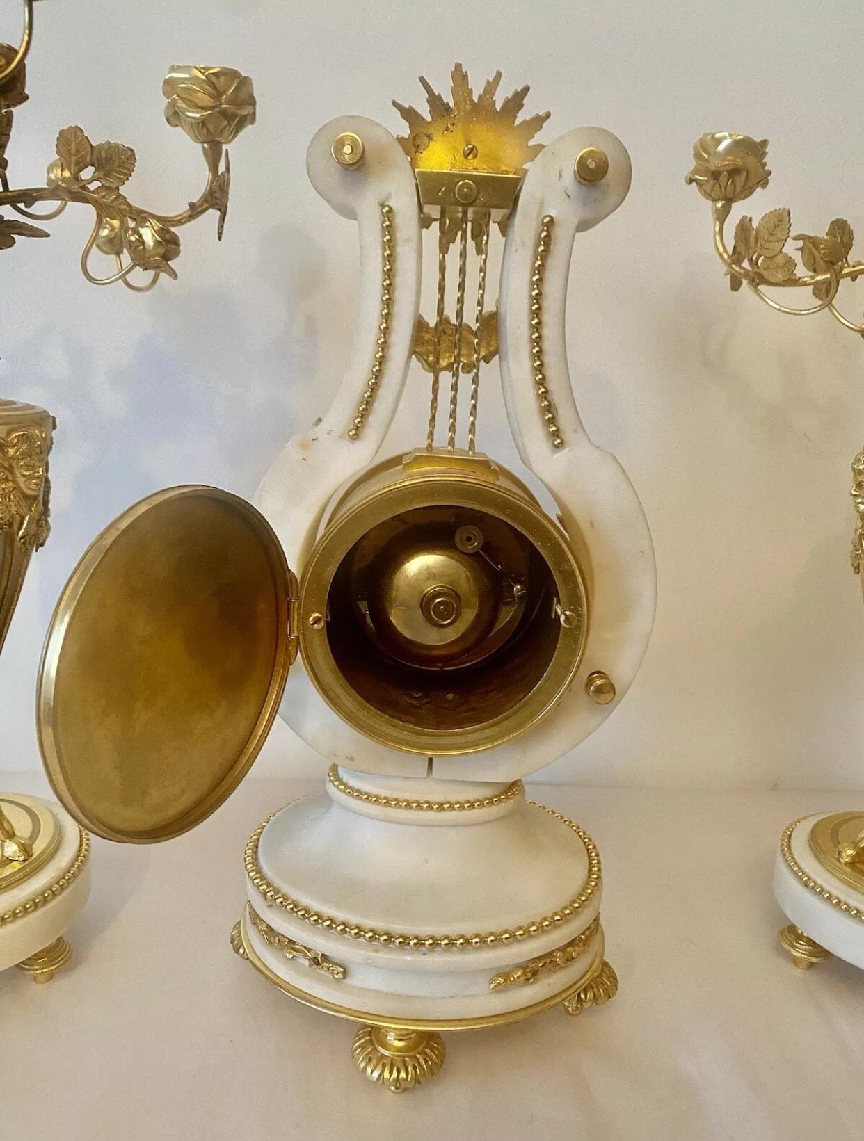 Quality Antique French Ormolu. Marble Lyre Clock Set Garniture by Vincenti & Cie For Sale 11