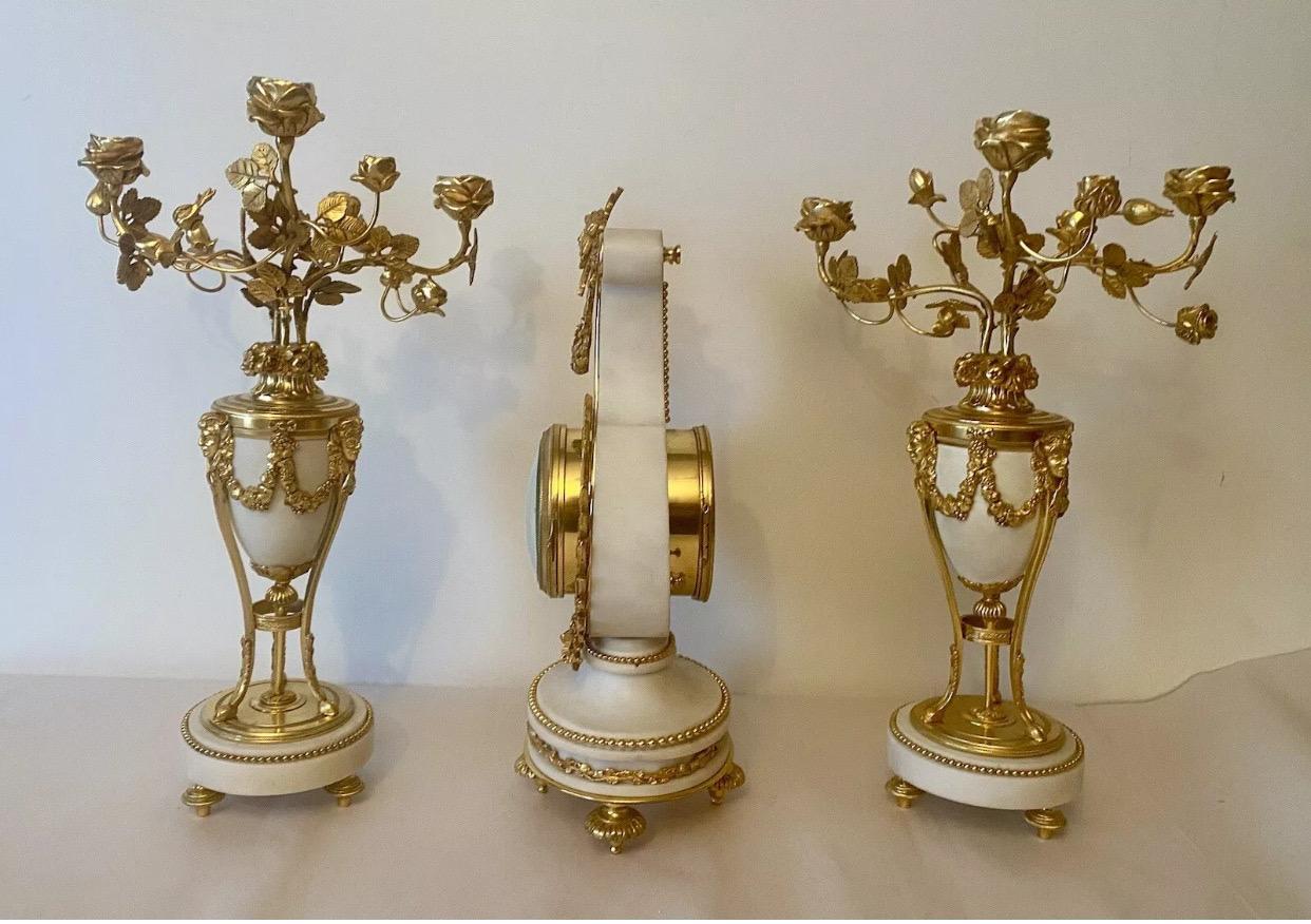 Quality Antique French Ormolu. Marble Lyre Clock Set Garniture by Vincenti & Cie For Sale 12
