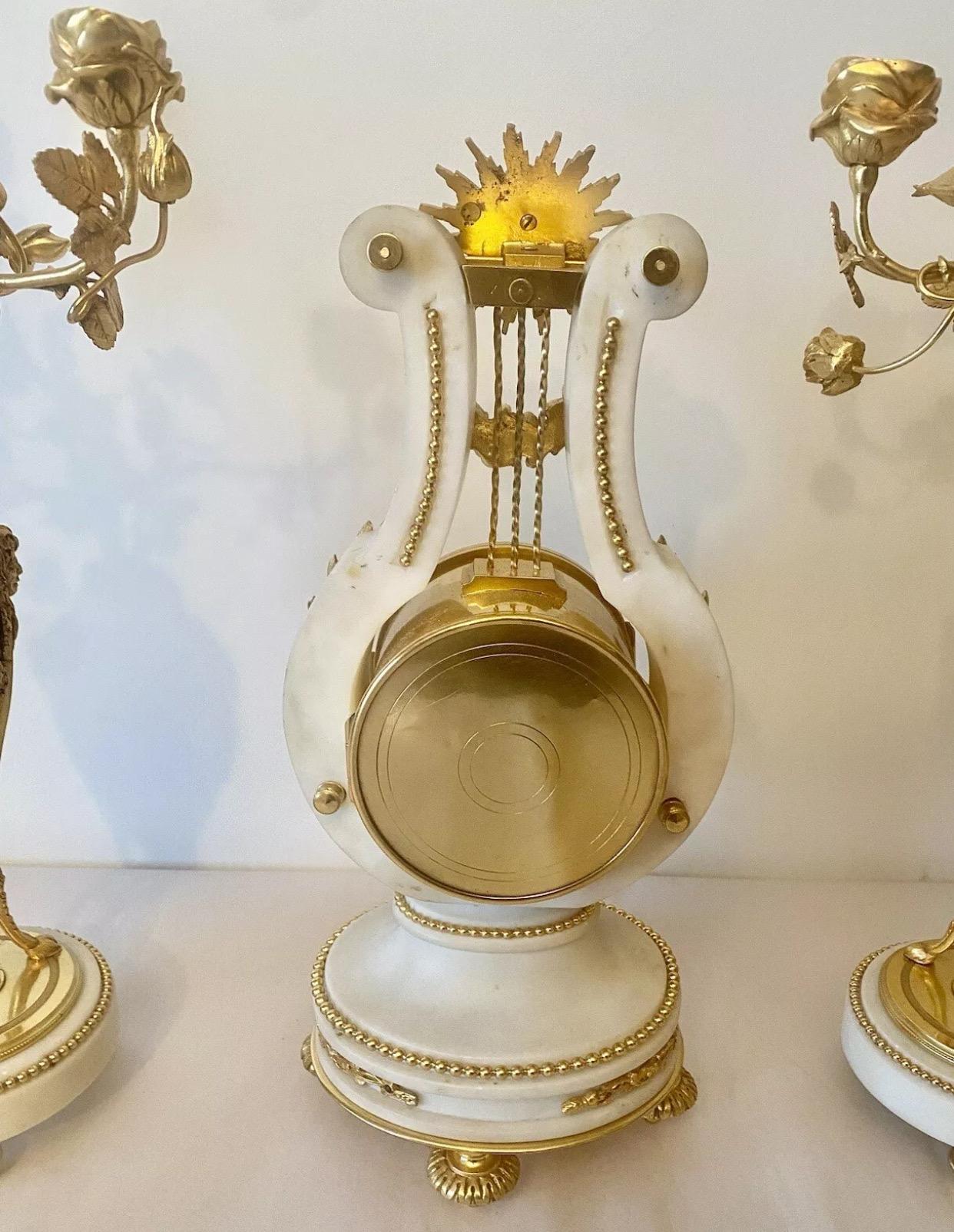 Quality Antique French Ormolu. Marble Lyre Clock Set Garniture by Vincenti & Cie For Sale 13