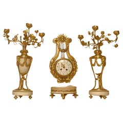 Quality Antique French Ormolu. Marble Lyre Clock Set Garniture by Vincenti & Cie