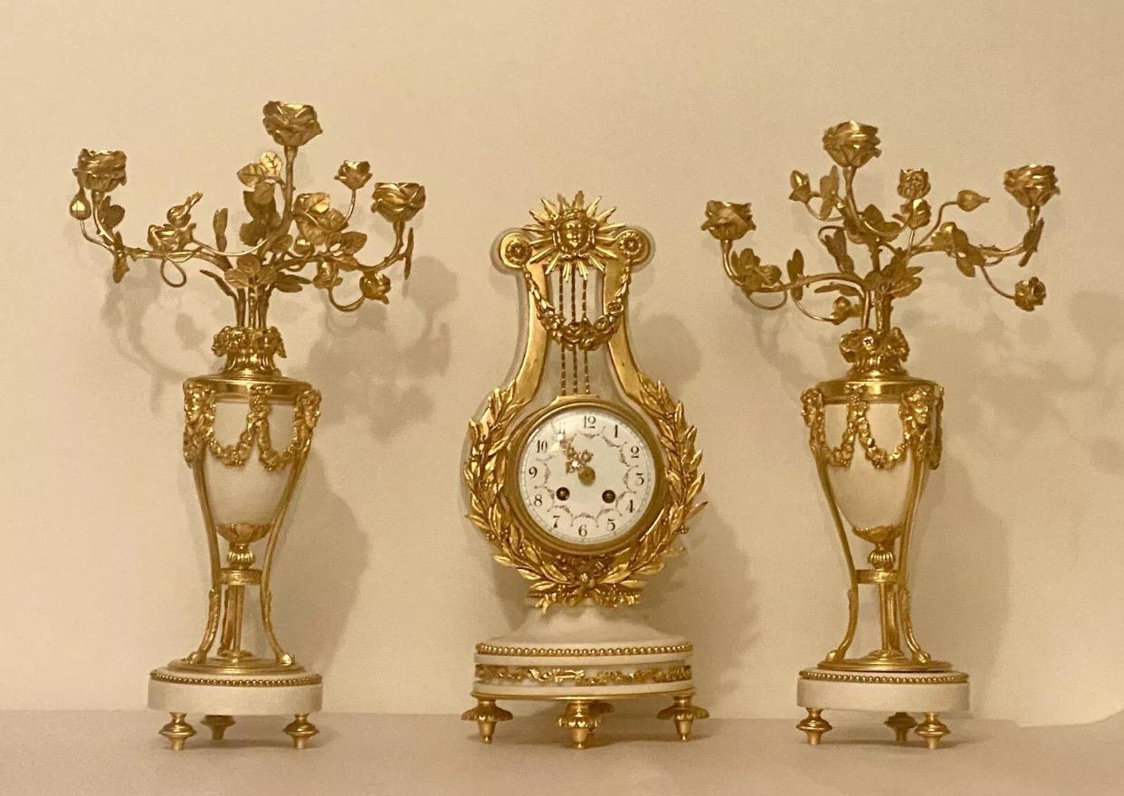 Quality Antique French Ormolu. Marble Lyre Clock Set Garniture by Vincenti & Cie For Sale 15