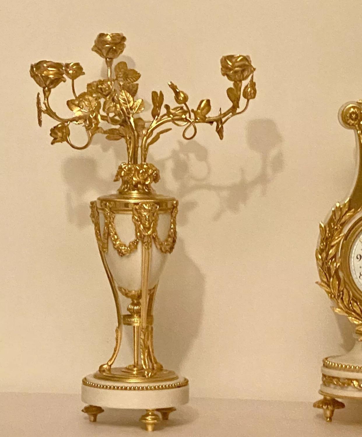 Quality Antique French Ormolu. Marble Lyre Clock Set Garniture by Vincenti & Cie In Excellent Condition For Sale In London, GB