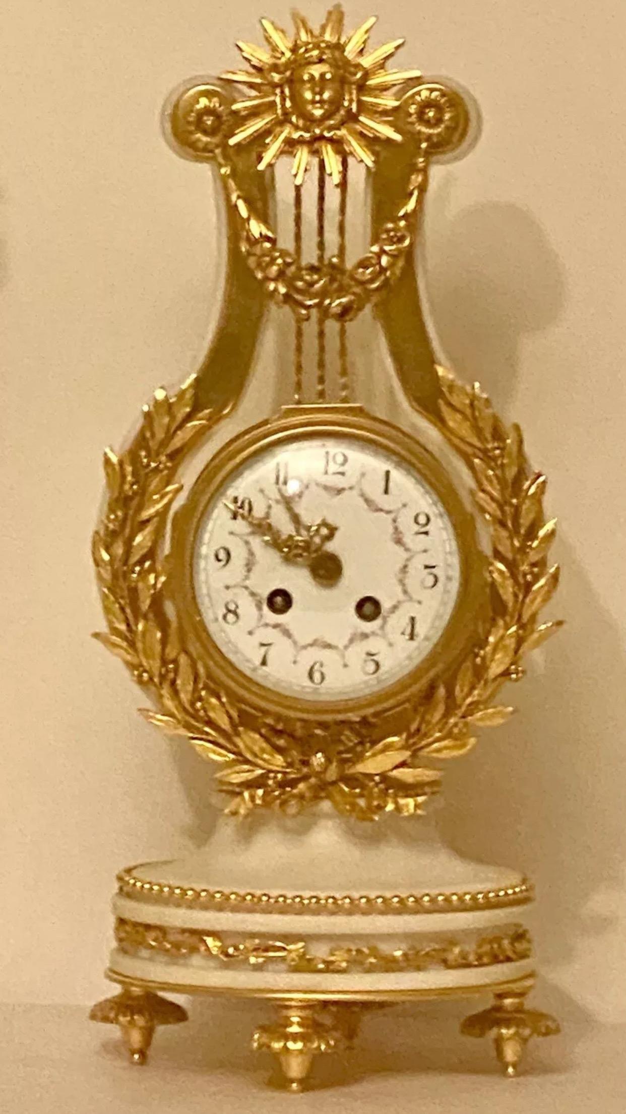 Mid-19th Century Quality Antique French Ormolu. Marble Lyre Clock Set Garniture by Vincenti & Cie For Sale