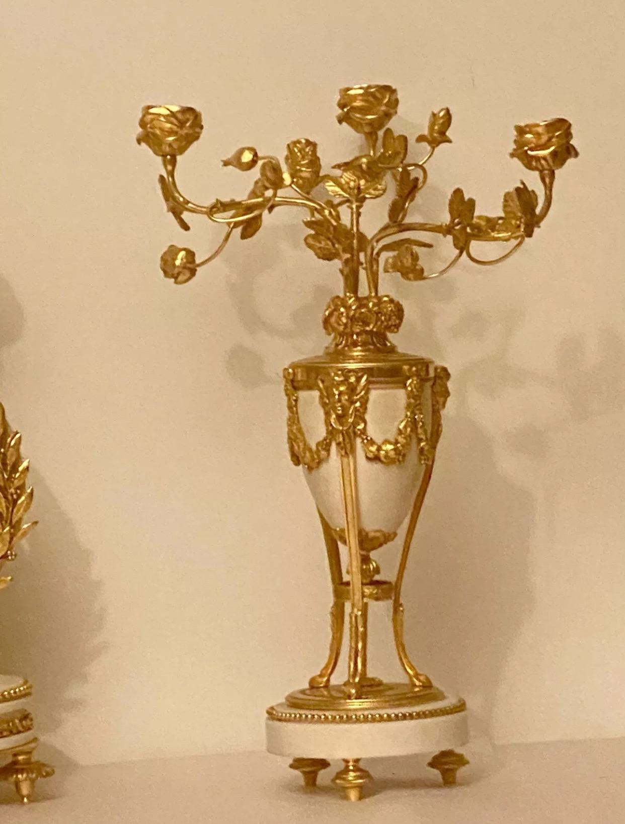 Bronze Quality Antique French Ormolu. Marble Lyre Clock Set Garniture by Vincenti & Cie For Sale