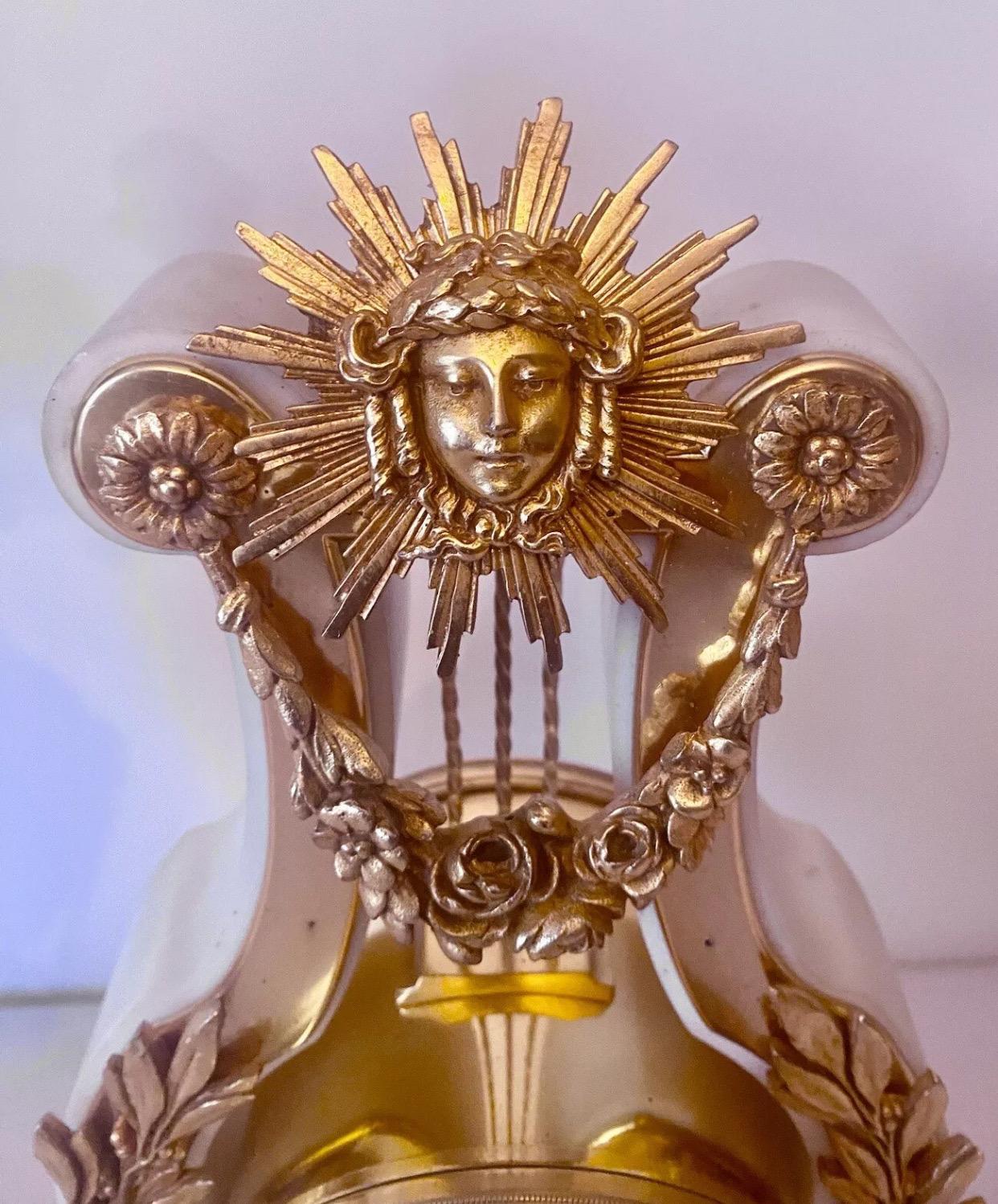 Quality Antique French Ormolu. Marble Lyre Clock Set Garniture by Vincenti & Cie For Sale 1