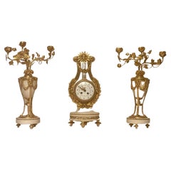 Quality Antique French Ormolu. Marble Lyre Clock Set Garniture by Vincenti & Cie