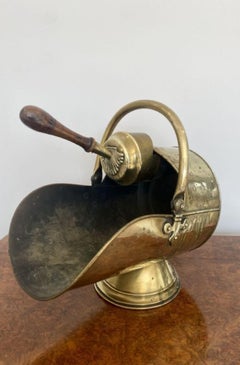 Quality Antique George III Brass Helmet Coal Scuttle With Original Shovel