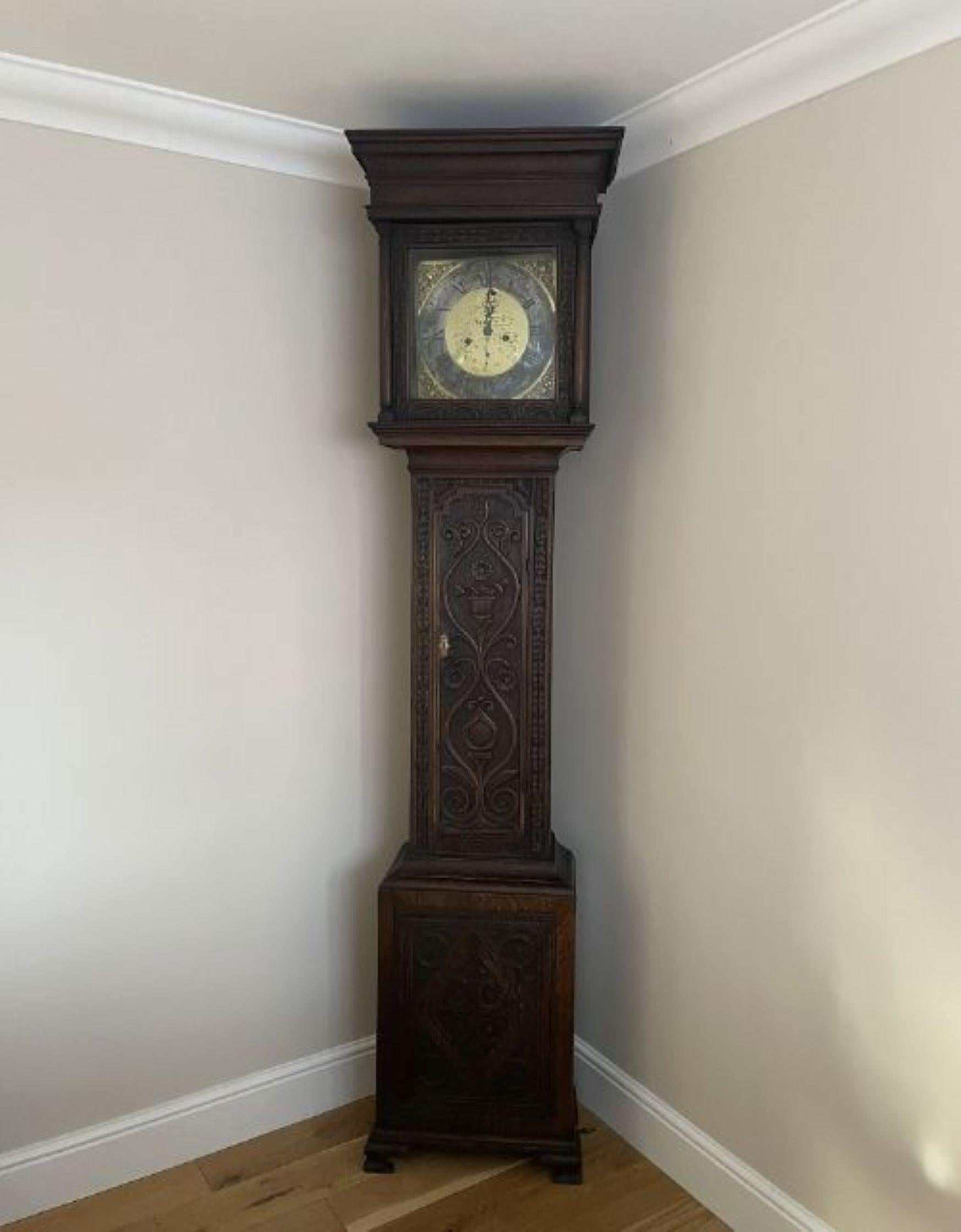 Quality Antique George III Carved Oak Brass Face Longcase Clock For Sale 4