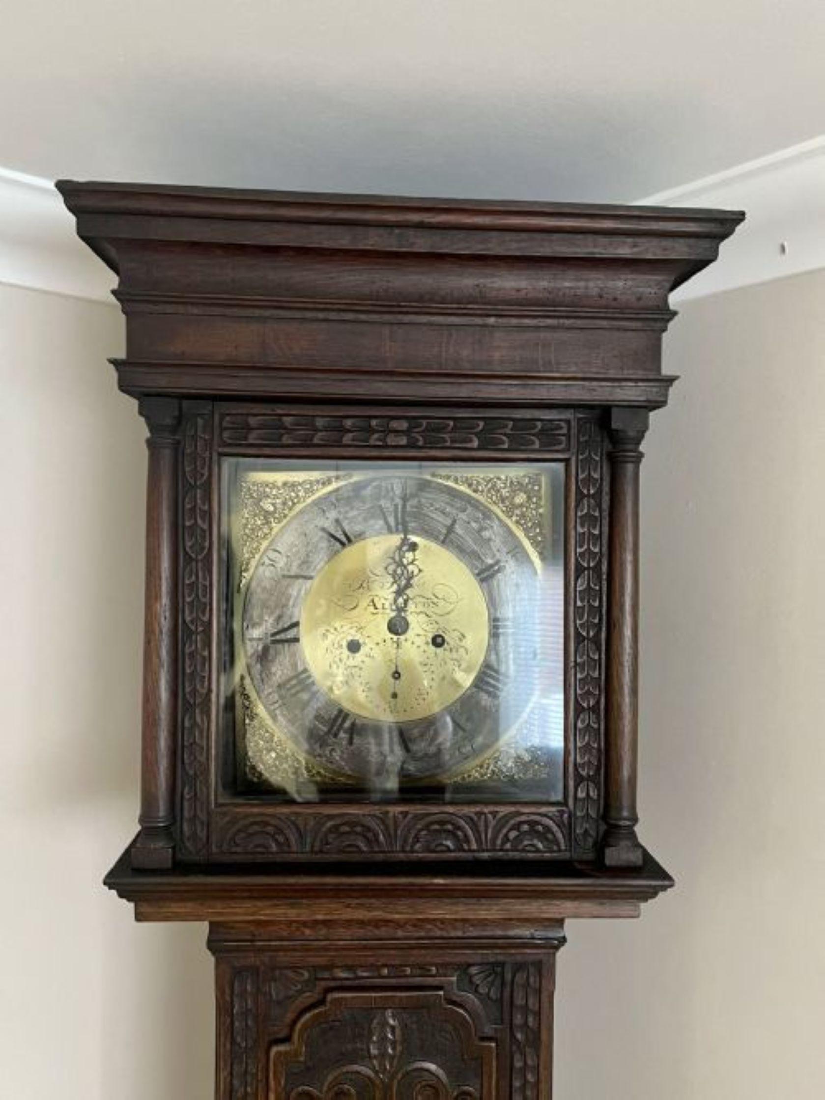 Quality Antique George III Carved Oak Brass Face Longcase Clock For Sale 5