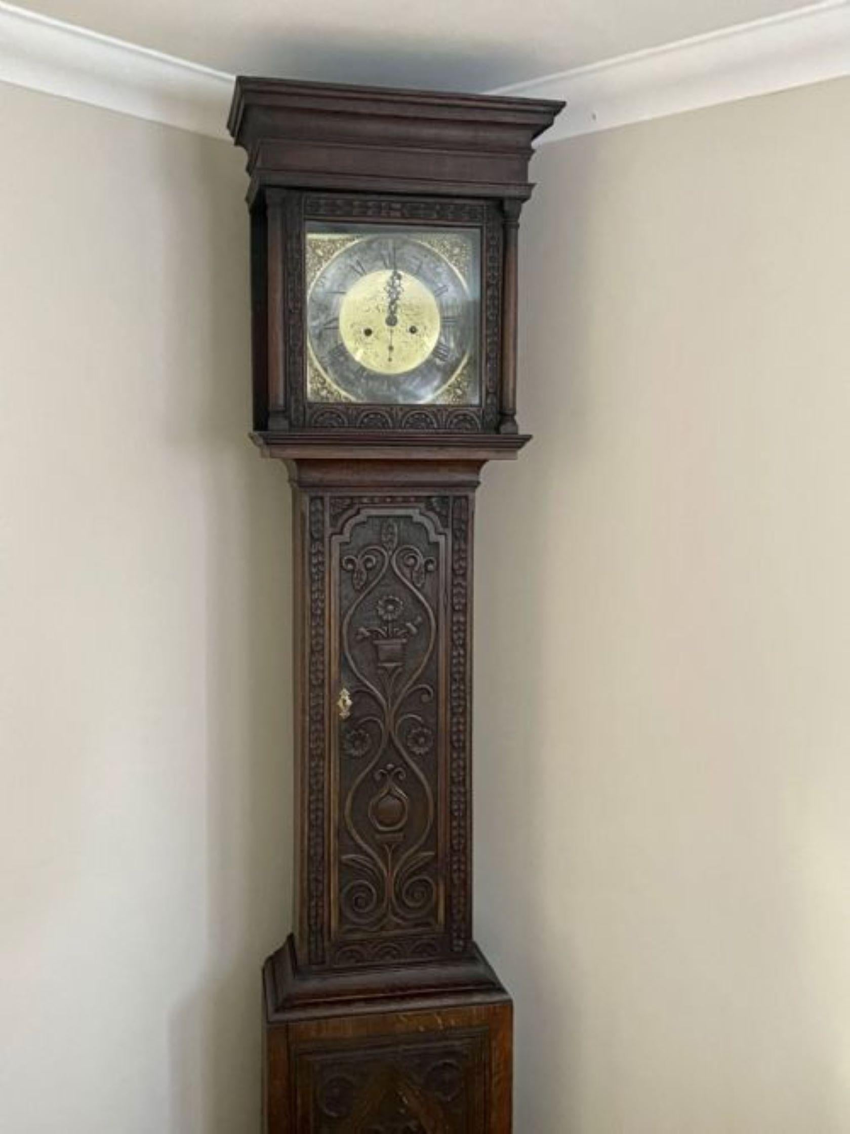 19th Century Quality Antique George III Carved Oak Brass Face Longcase Clock For Sale
