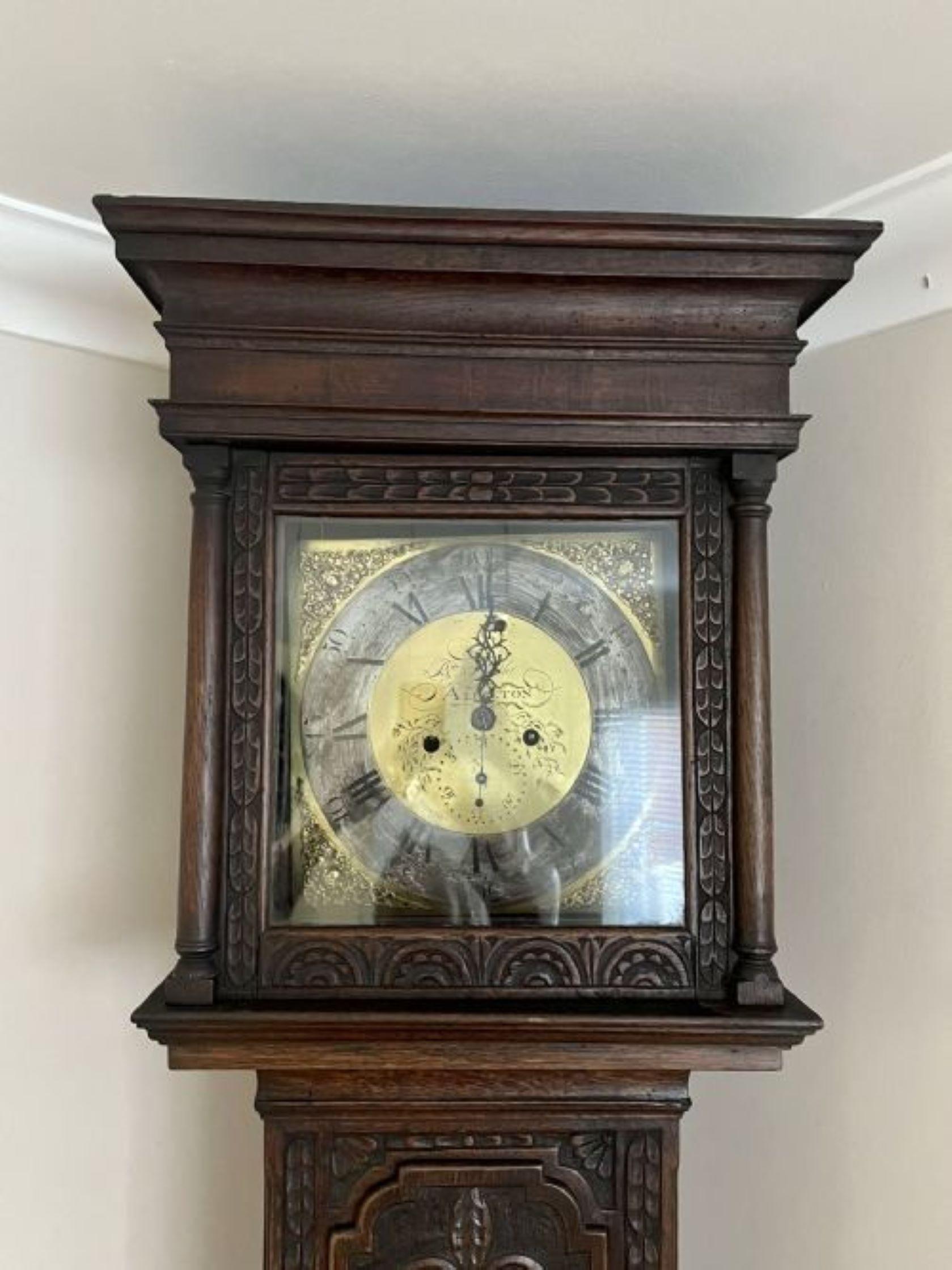 Quality Antique George III Carved Oak Brass Face Longcase Clock For Sale 2