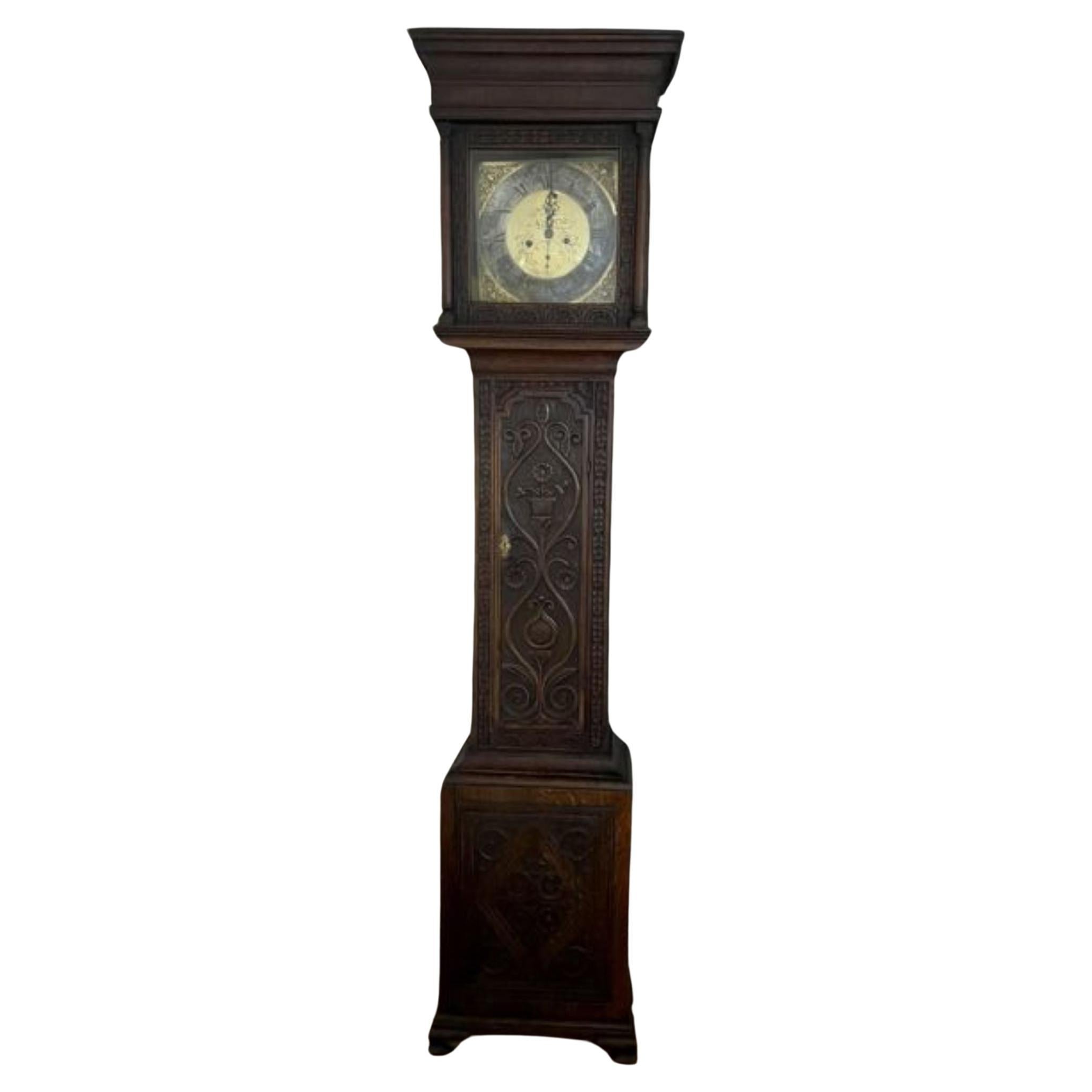 Quality Antique George III Carved Oak Brass Face Longcase Clock For Sale