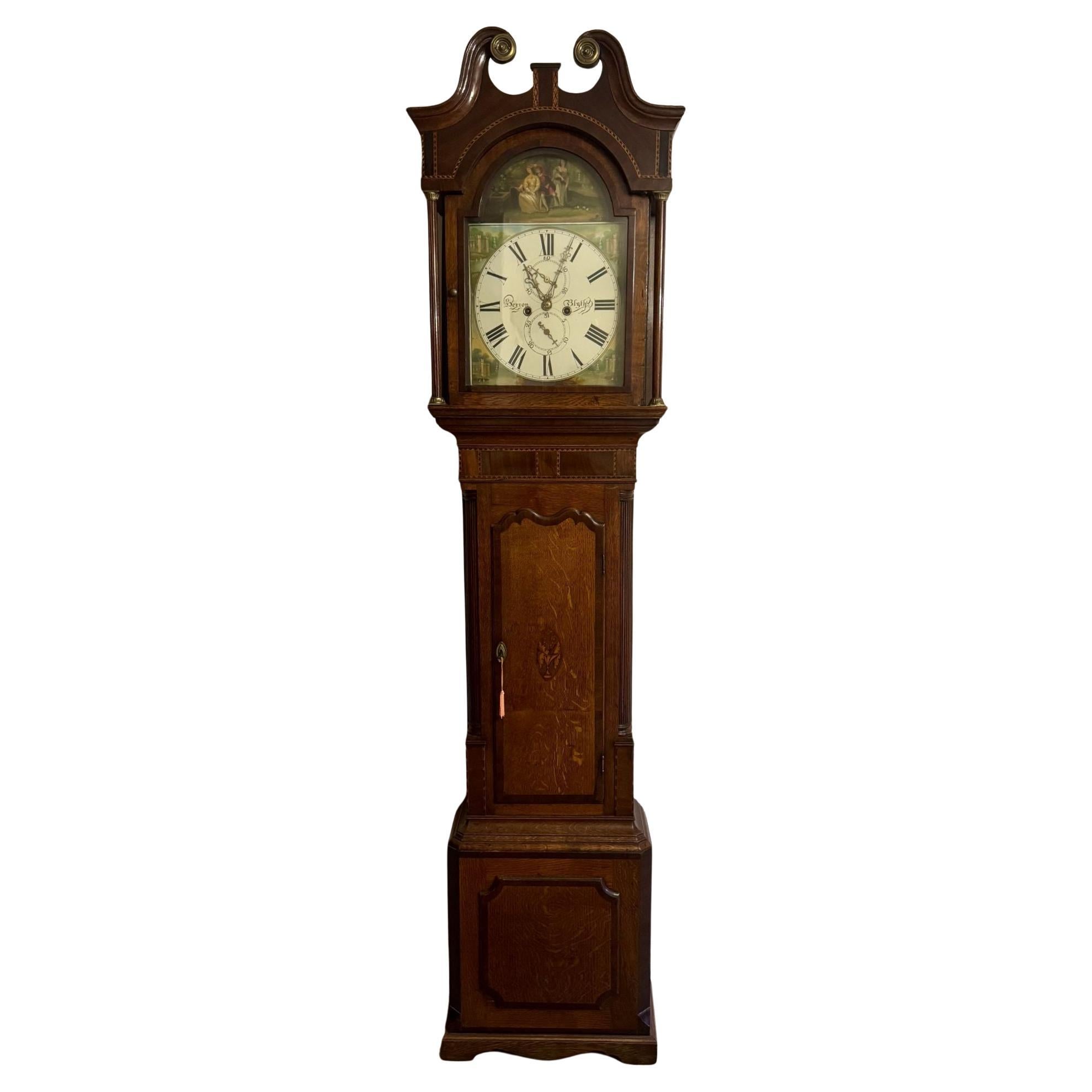 Antico orologio di qualità di Giorgio III con cassa lunga a fasce in Oak e mogano