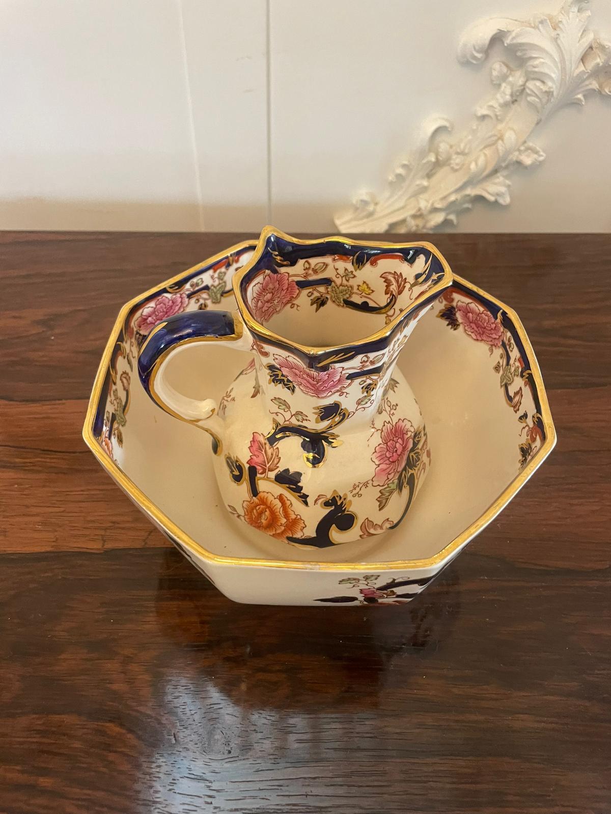 Quality antique hand painted Masons Ironstone small jug and bowl with fantastic quality hand painted decoration in red, pink, yellow, blue, green and gold colours 

A beautifully decorated set in mint condition

Dimensions:
Jug 13.5 x 14 x 12