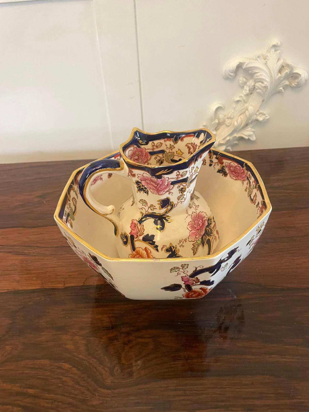 Ceramic Quality Antique Hand Painted Masons Ironstone Small Jug and Bowl For Sale