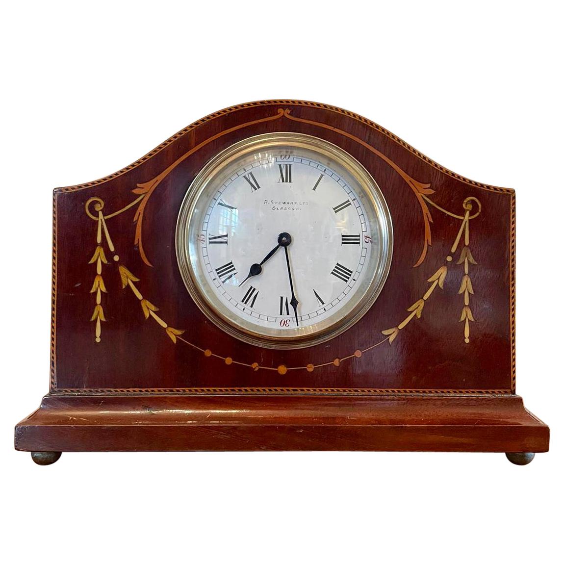 Quality Antique Inlaid Mahogany Eight Day Desktop Clock by R Stewart of Glasgow