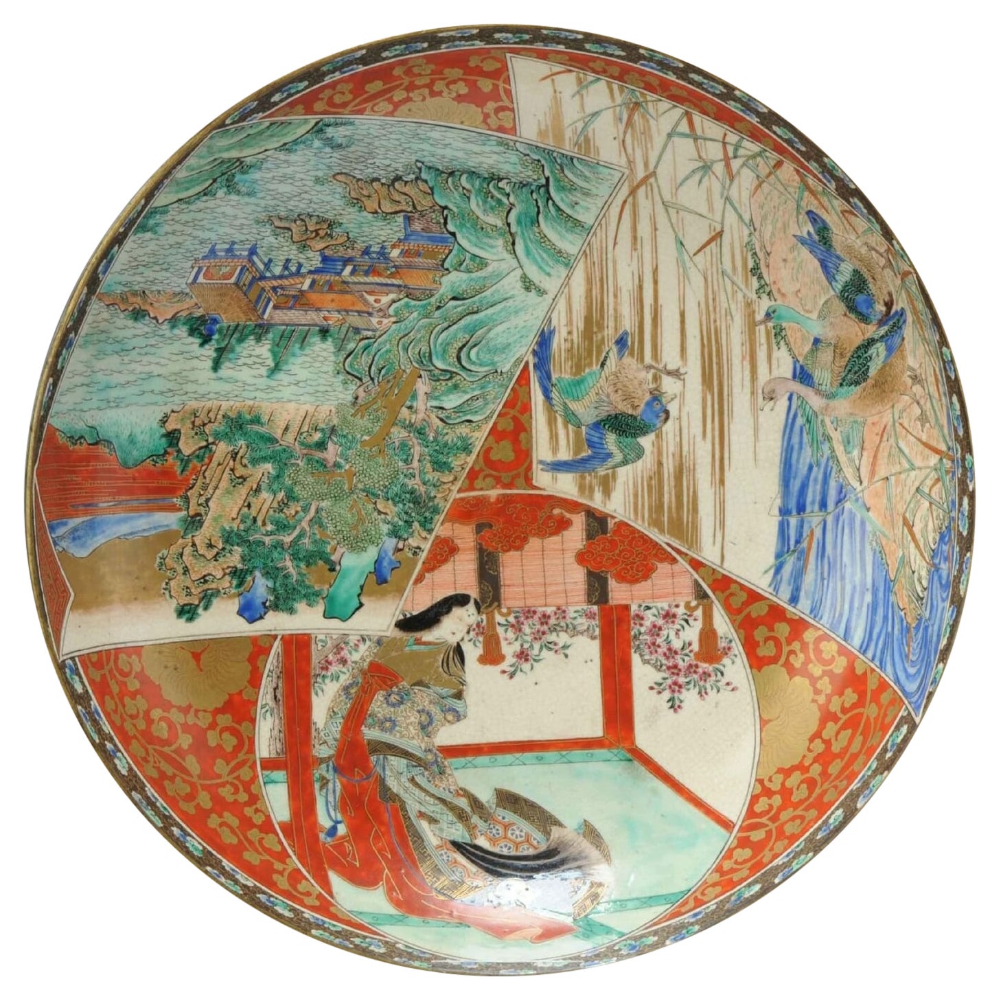 Qualità Antique Japanese Edo/Meiji Kutani Shoza Charger Figures Flowers, 19th C.