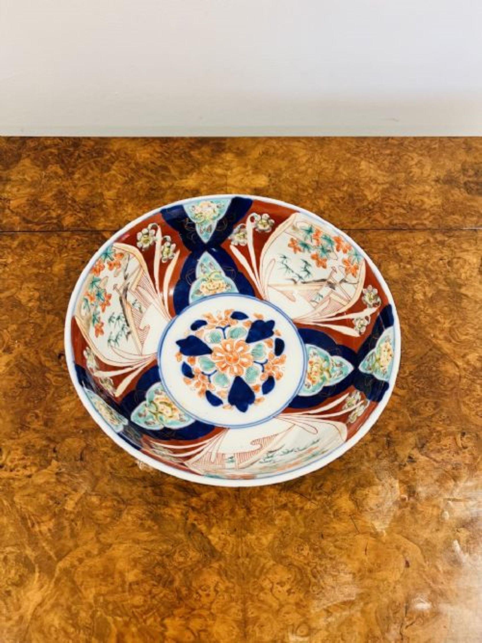 Quality antique Japanese imari bowl having a lovely antique Japanese imari bowl with wonderful hand painted panels with leaves, trees and flowers in wonderful red, blue, green and white colours. 