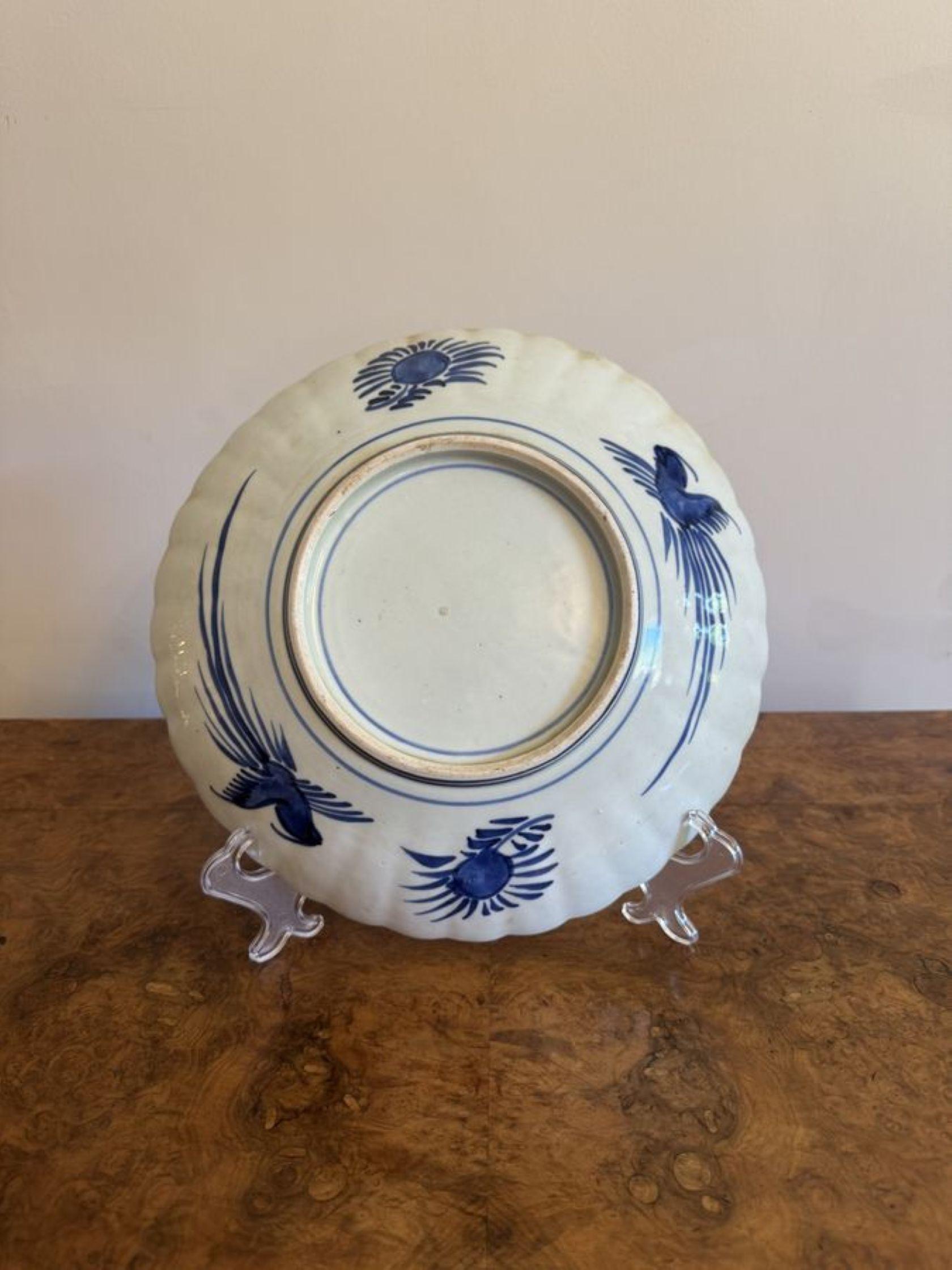 Quality antique Japanese imari plate, having a quality antique Japanese imari plate decorated with a basket of flowers to the centre surrounded by panels with flowers and scrolls hand painted in red, blue and white colours. 

D. 1900