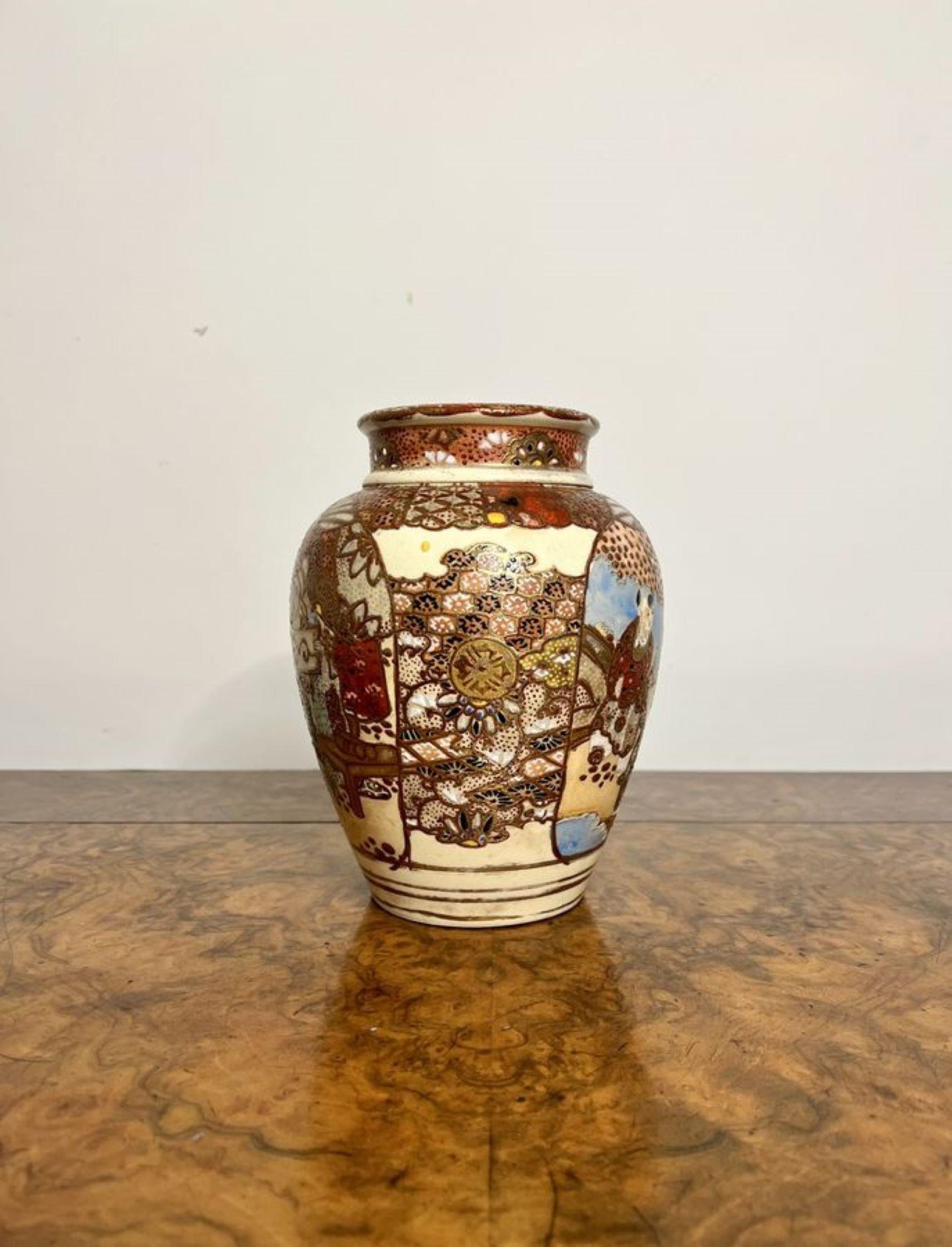 Quality antique Japanese Satsuma ginger jar and cover having a quality antique Japanese ginger jar and cover with wonderful hand painted decoration in gold, red, blue, brown and black colours. 

D. 1910