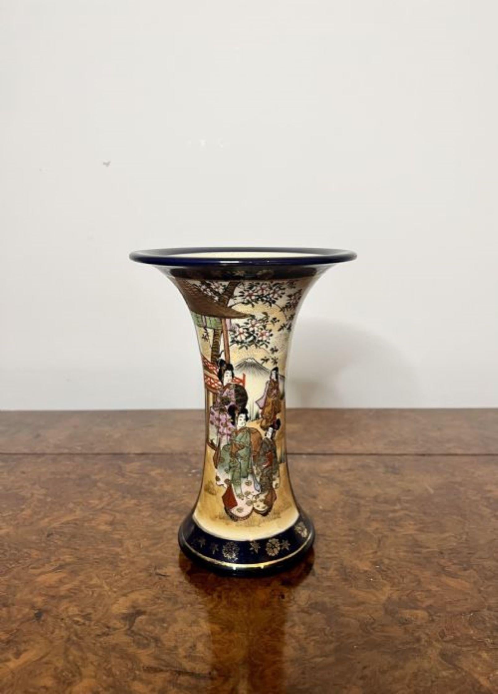 Quality antique Japanese satsuma shaped vase having a wonderful hand painted decoration of figural and landscape scenes in stunning blue, brown, green, red and gold colours.
