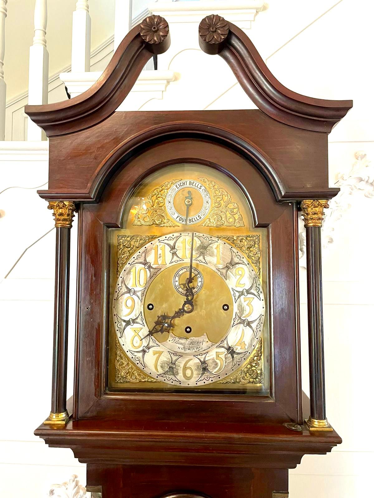 19th Century Quality Antique Mahogany Eight Day Grandfather Clock on Eight Bells For Sale