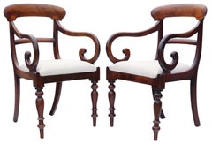 Quality Antique Pair of 19th Century Mahogany Scroll Arm Elbow Chairs Carver