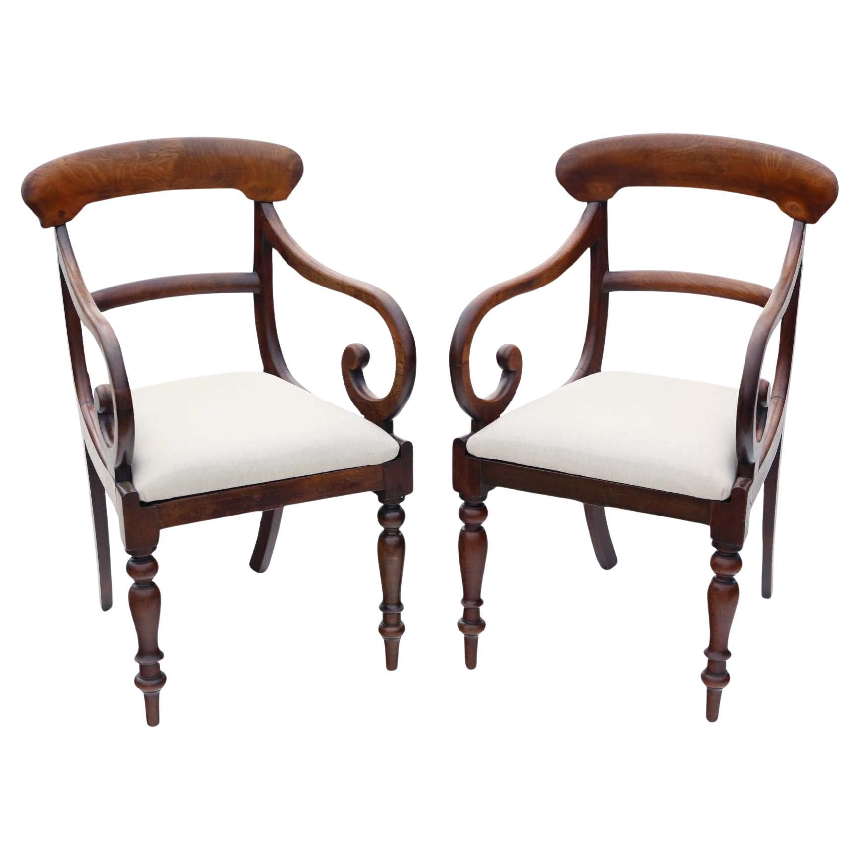 Quality Antique Pair of 19th Century Mahogany Scroll Arm Elbow Chairs Carver