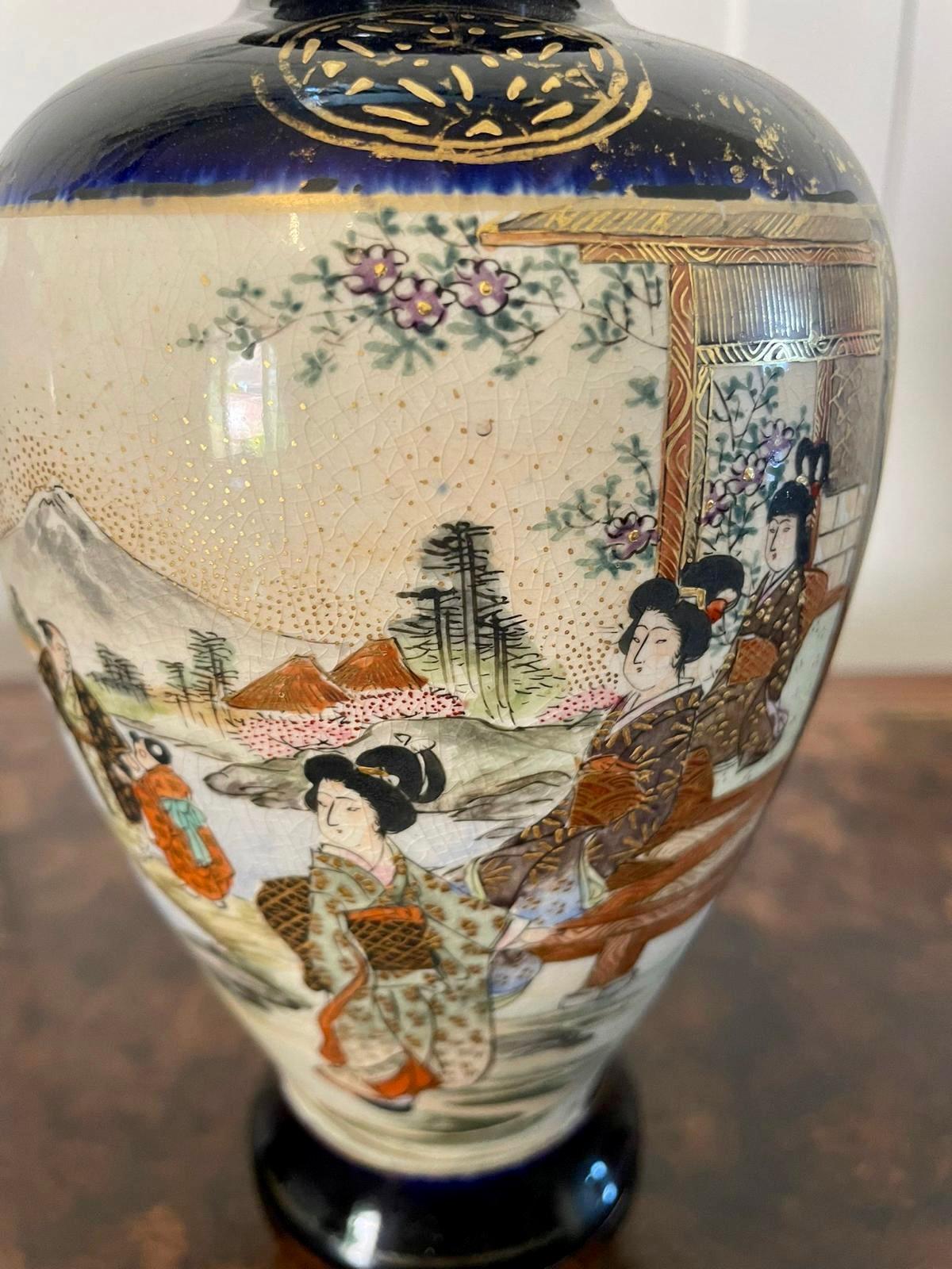 Quality antique pair of satsuma vases boasting wonderful gilded decoration with hand painted Geishas. Beautifully painted.

A fabulous pair boasting beautiful colours and in perfect original condition.

Measures: H 18cm x W 10cm x D 10cm
Date