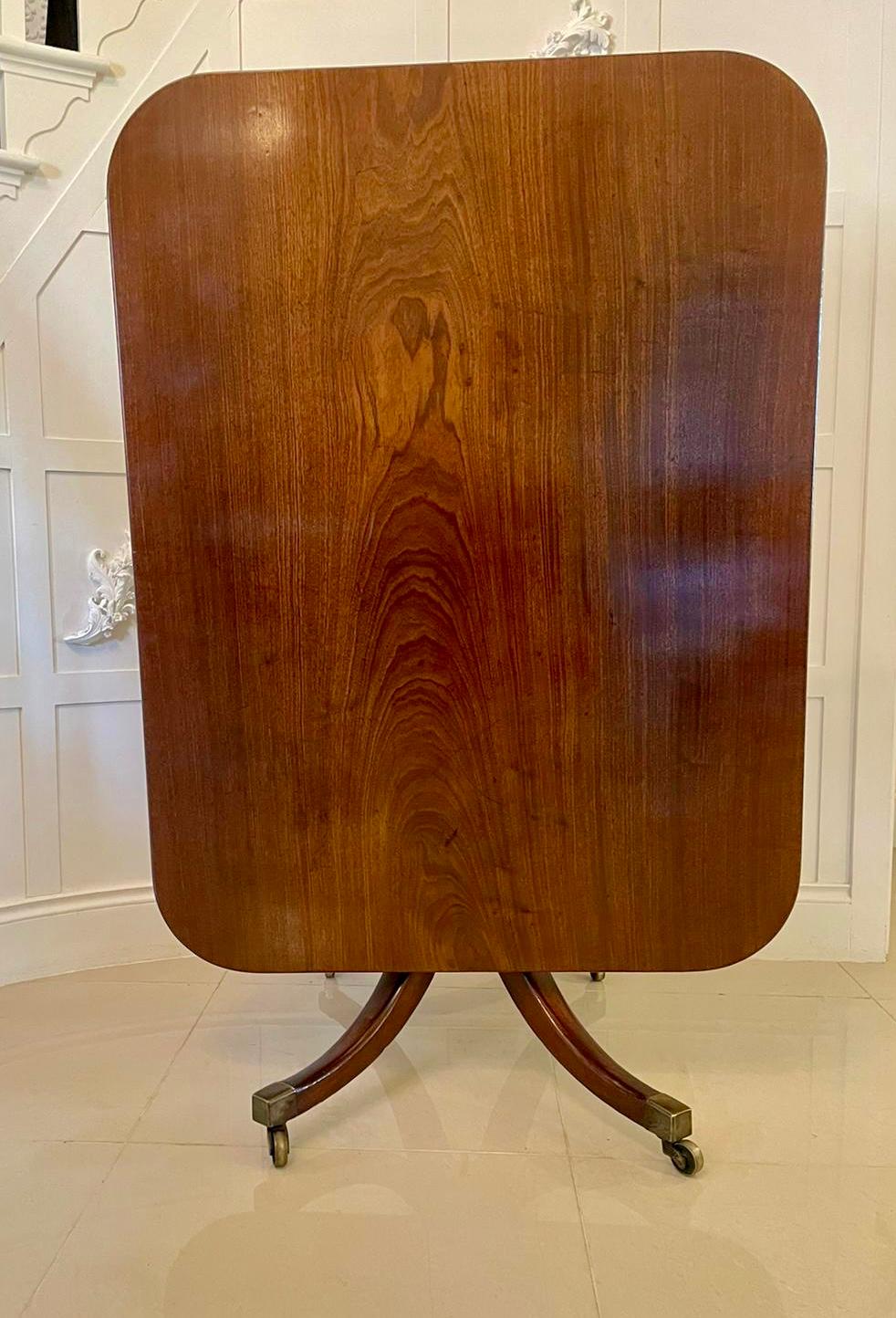Quality antique regency mahogany breakfast table having a beautiful quality mahogany tilting top supported on a stunning turned ring column and raised on sabre legs with original brass feet and castors.

An impressive handsome example having a very