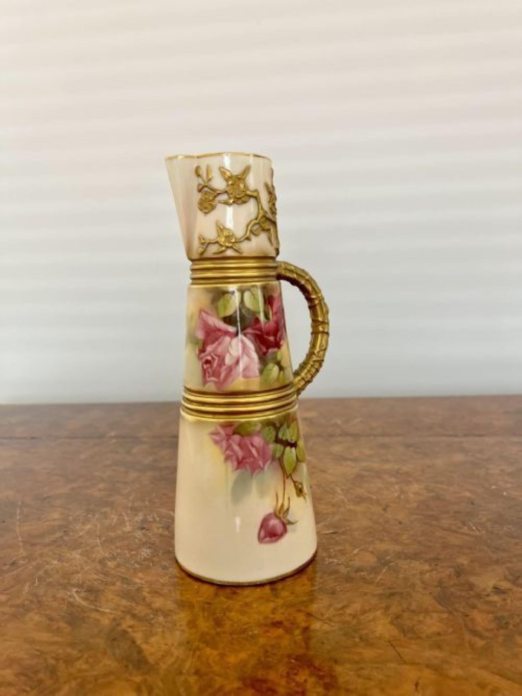 Fantastic quality antique Royal Worcester wine ewer having a gilt handle decorated in a lovely rose pattern in wonderful red, green, pink and gold colours 