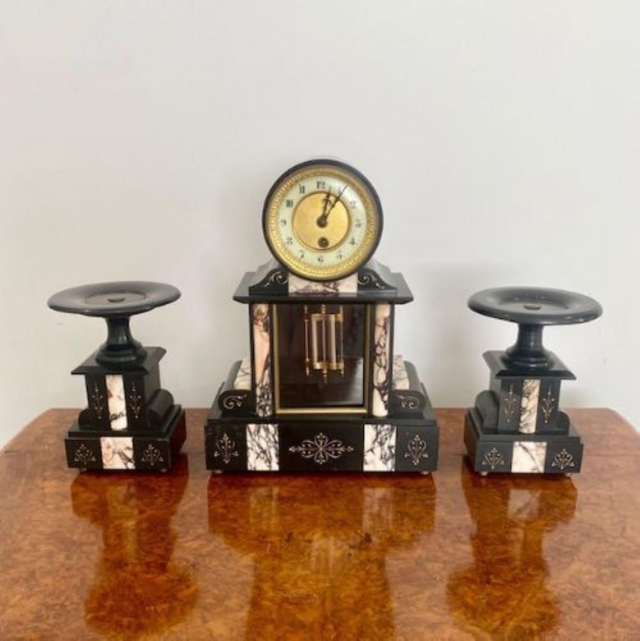 Quality antique Victorian block marble clock garniture having a quality large marble clock with a drum shaped top brass bezel, glass door, white dial with original hands 
Arabic numerals French 8 day movement striking on the hour and half hour on a