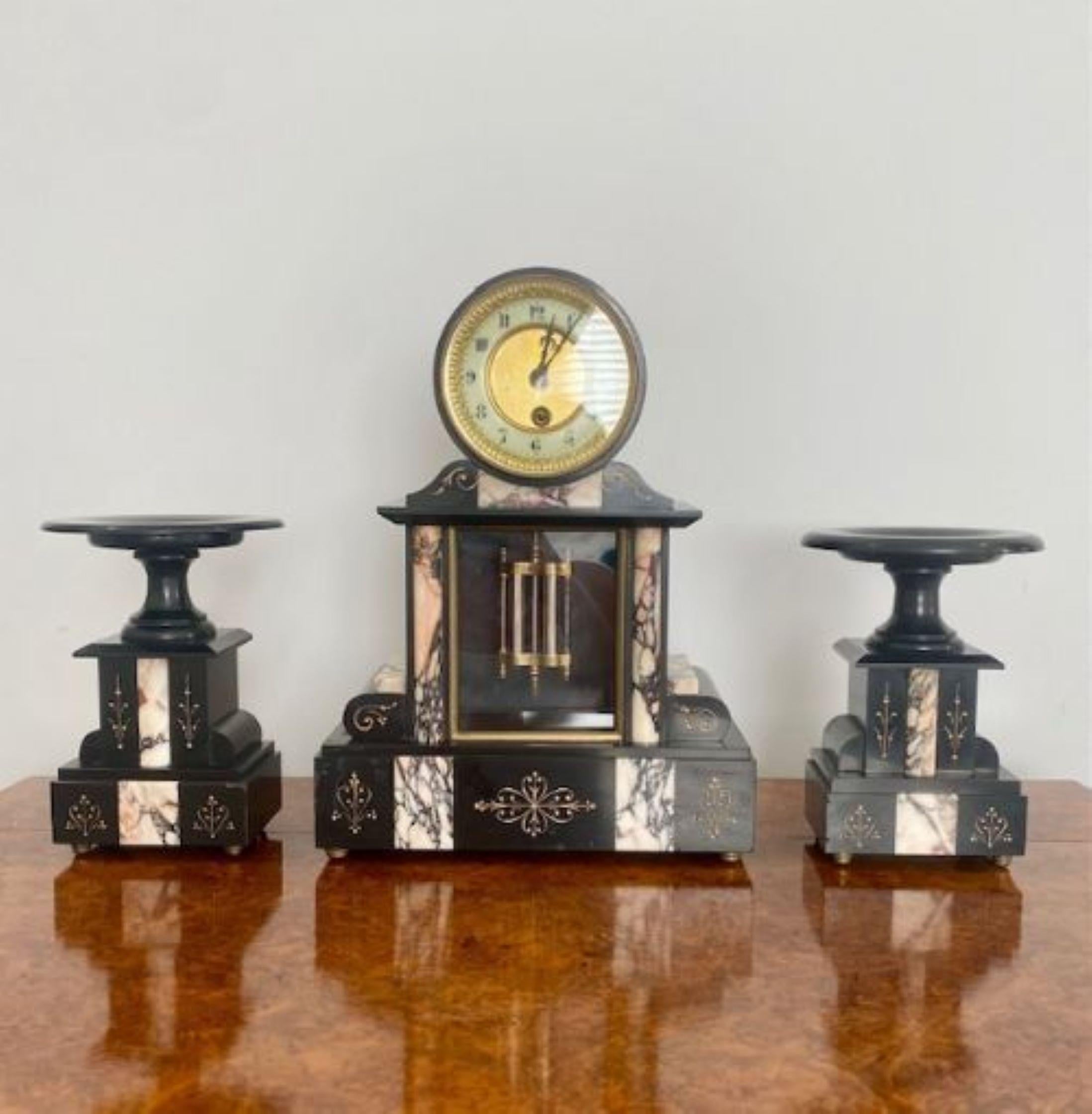 Glass Quality antique Victorian block marble clock garniture For Sale