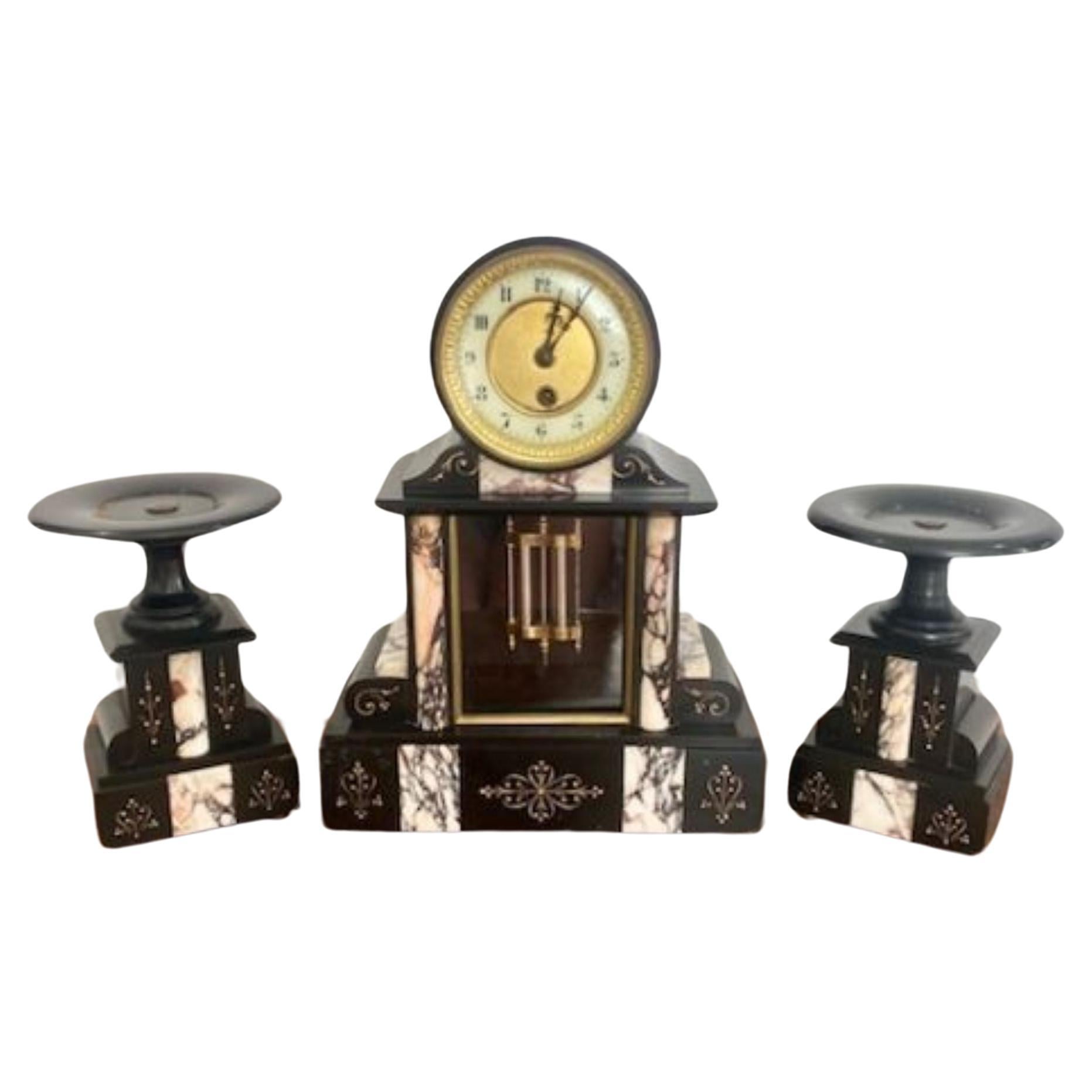 Quality antique Victorian block marble clock garniture For Sale