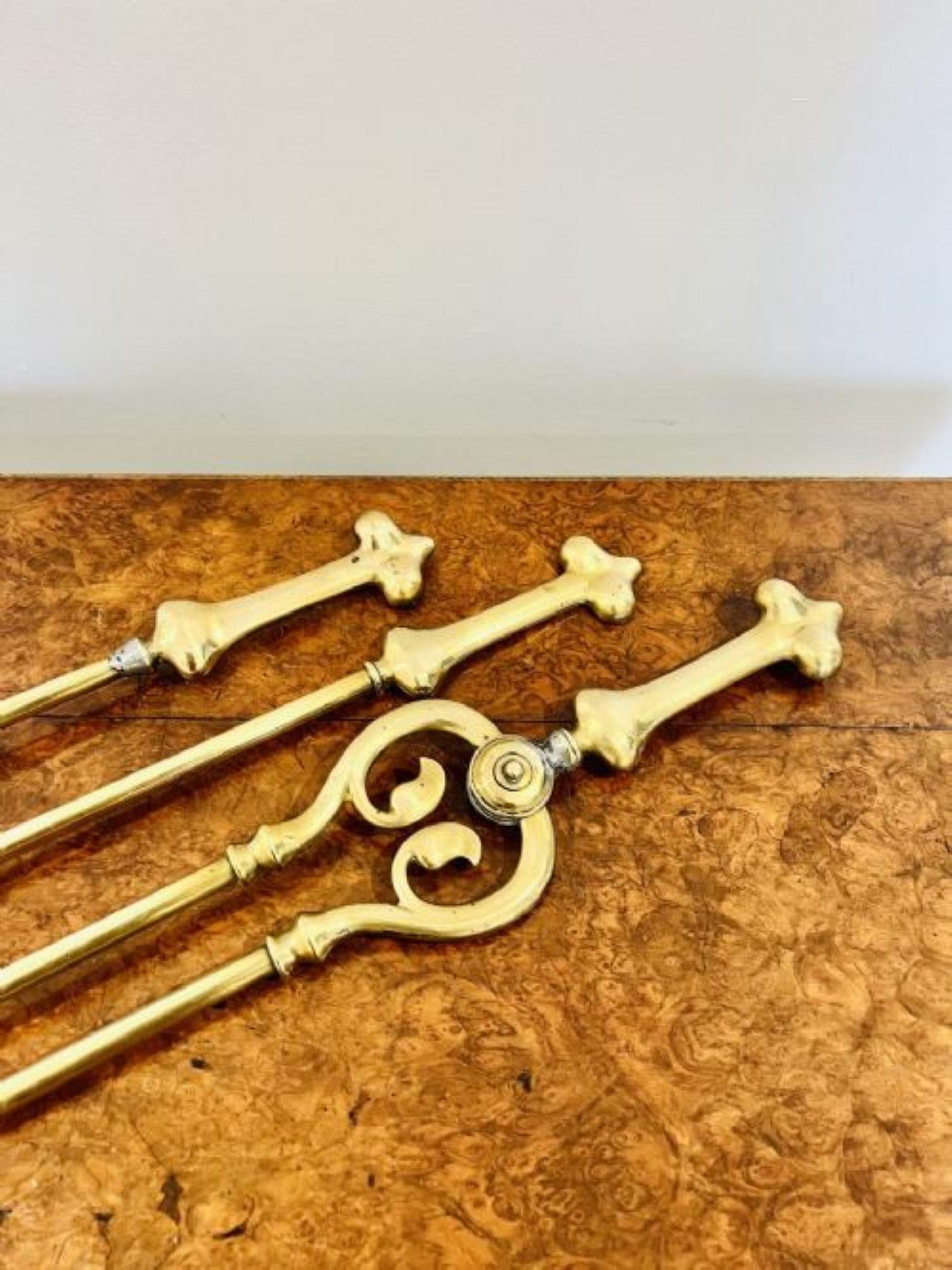 19th Century Quality antique Victorian brass fire irons and fire dogs For Sale