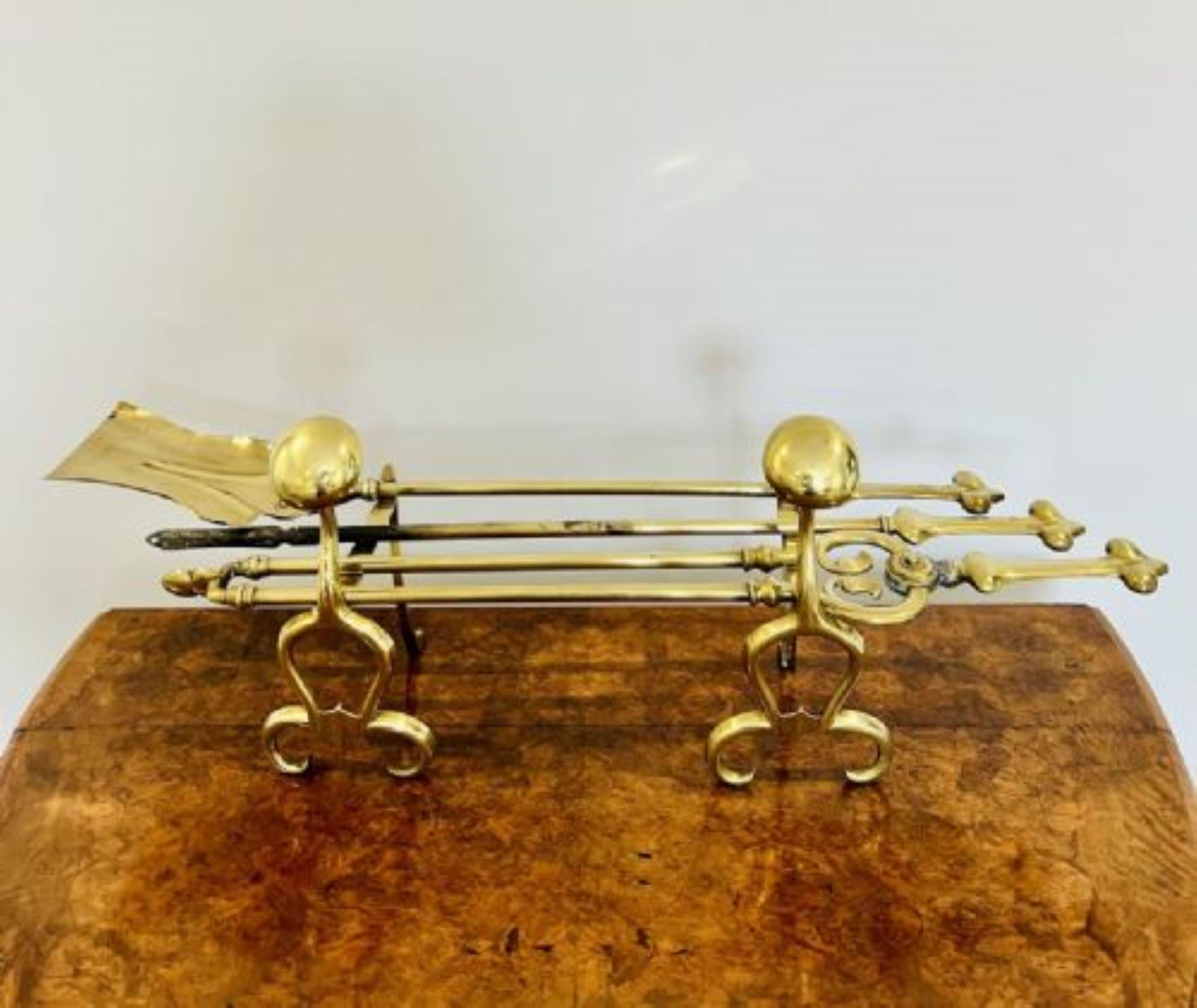 Brass Quality antique Victorian brass fire irons and fire dogs For Sale