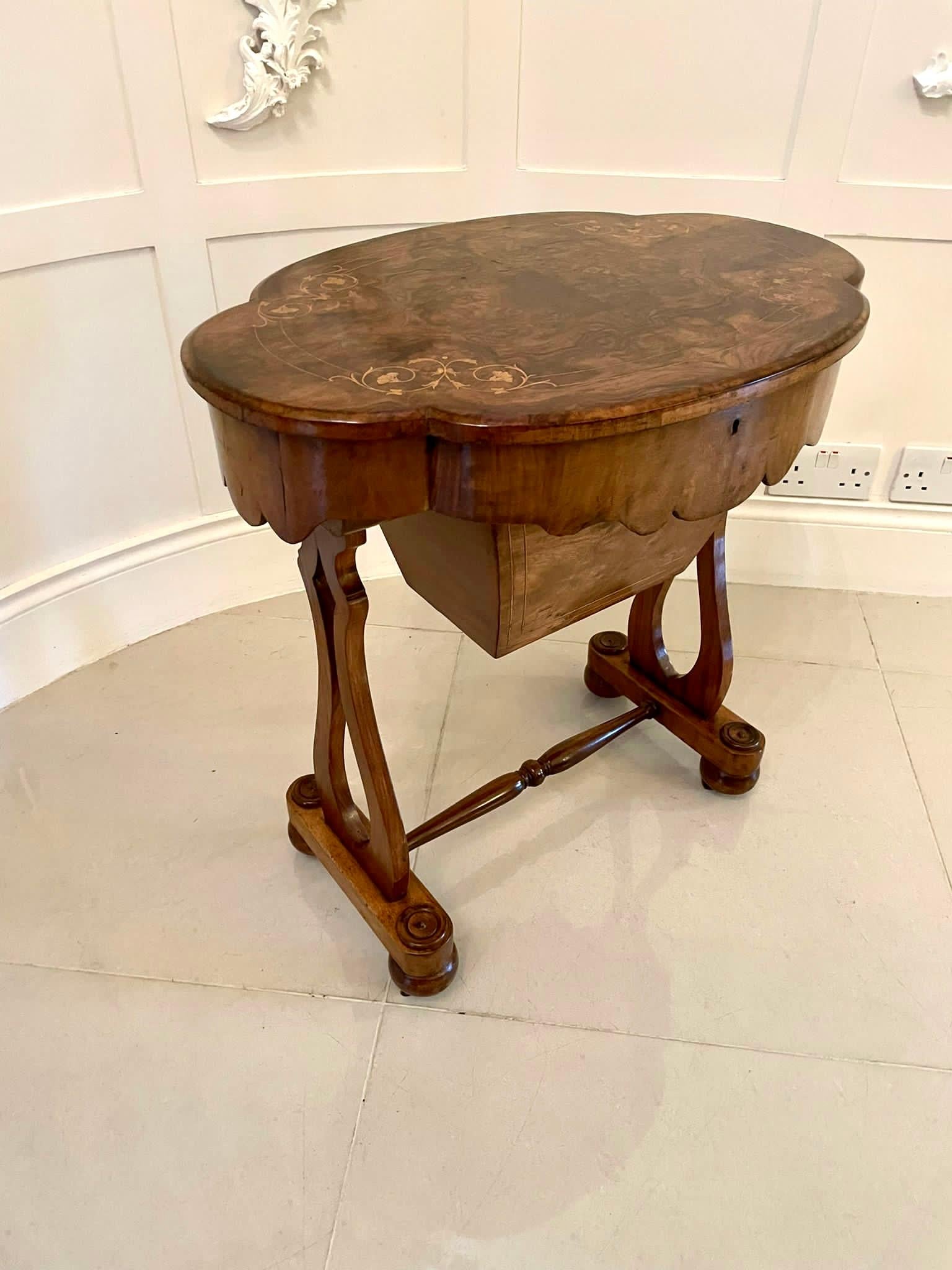 English Quality Antique Victorian Burr Walnut Inlaid Work Table For Sale