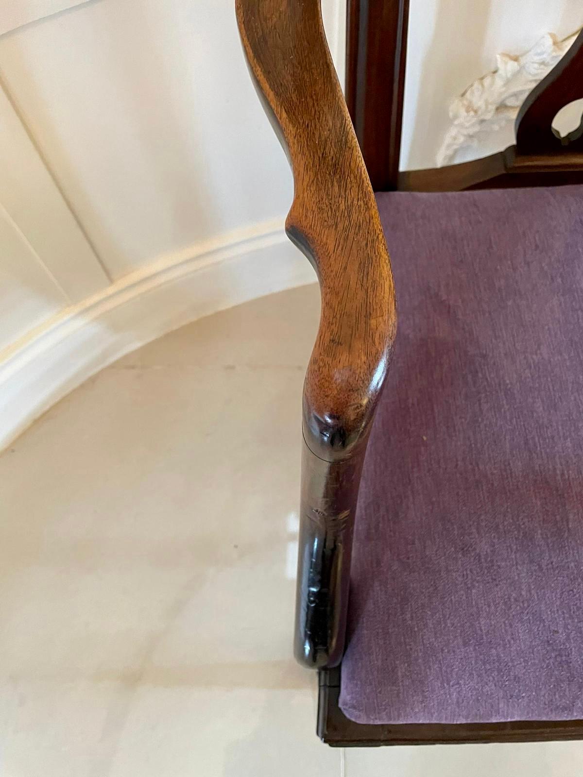 Quality antique Victorian carved mahogany desk chairs having a quality carved mahogany shaped top rail, carved and pierced open splat to the centre of the back, quality shaped open arms, newly reupholstered drop in seat in a quality stylish fabric,