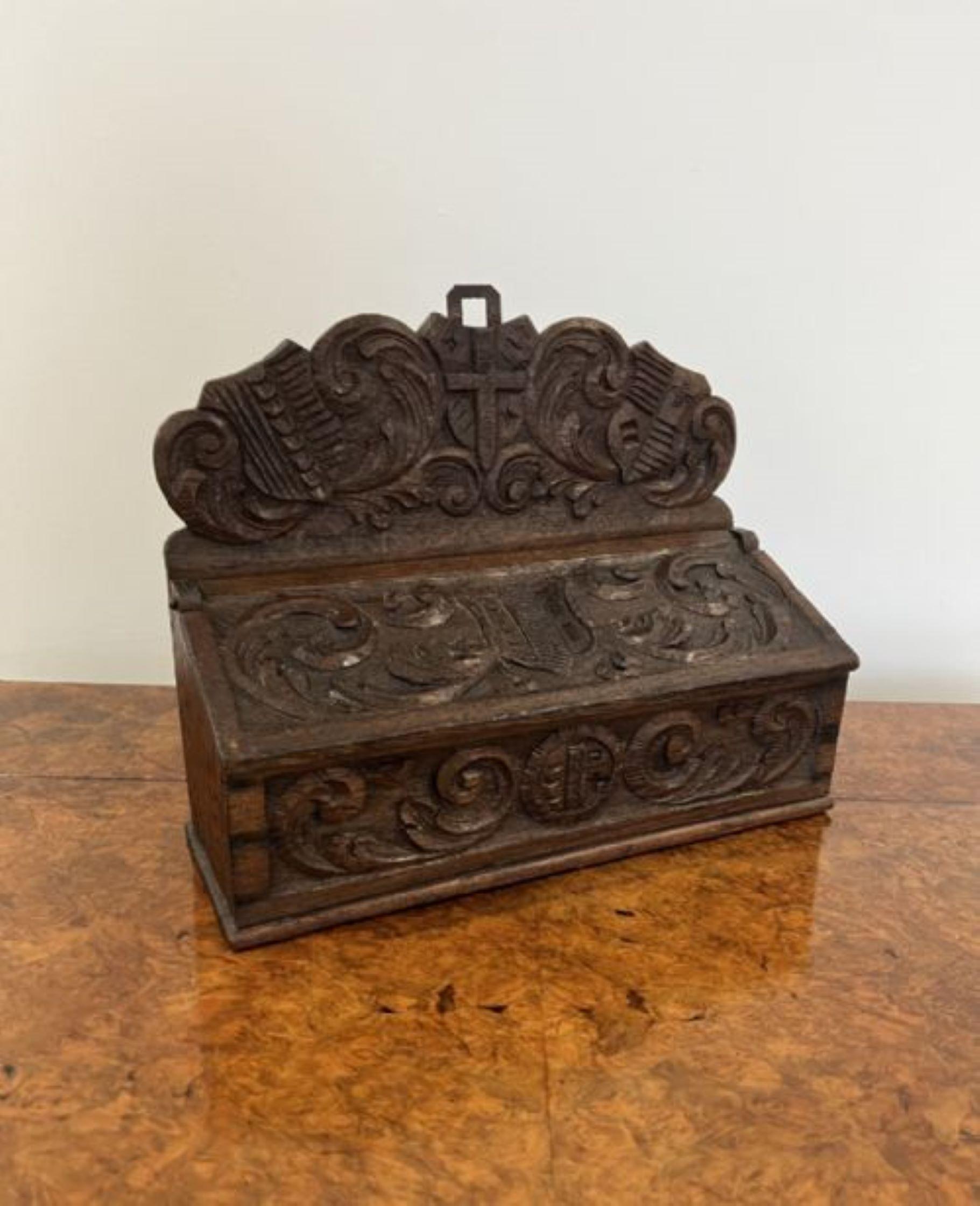 19th Century Quality antique Victorian carved oak candle box For Sale