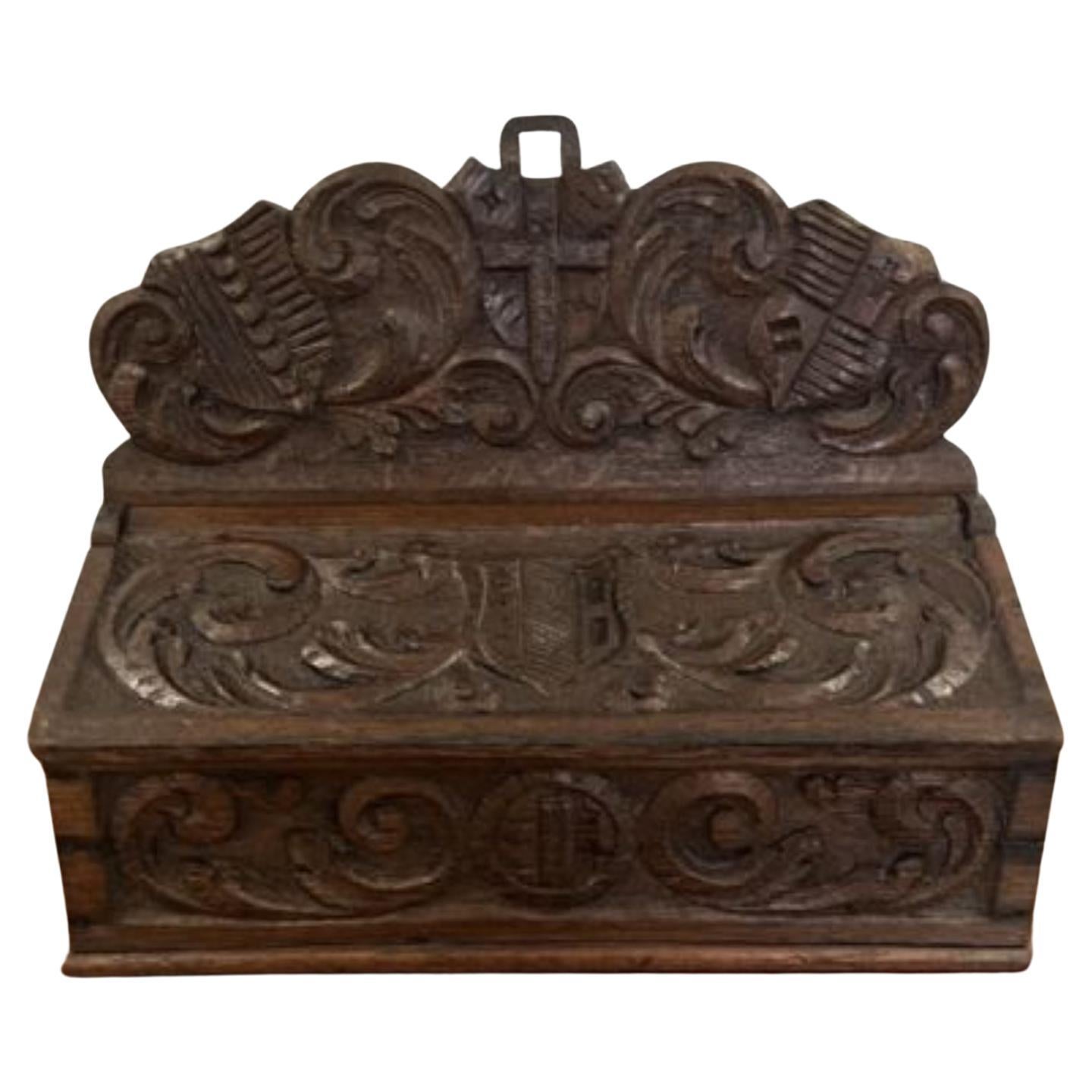 Quality antique Victorian carved oak candle box For Sale