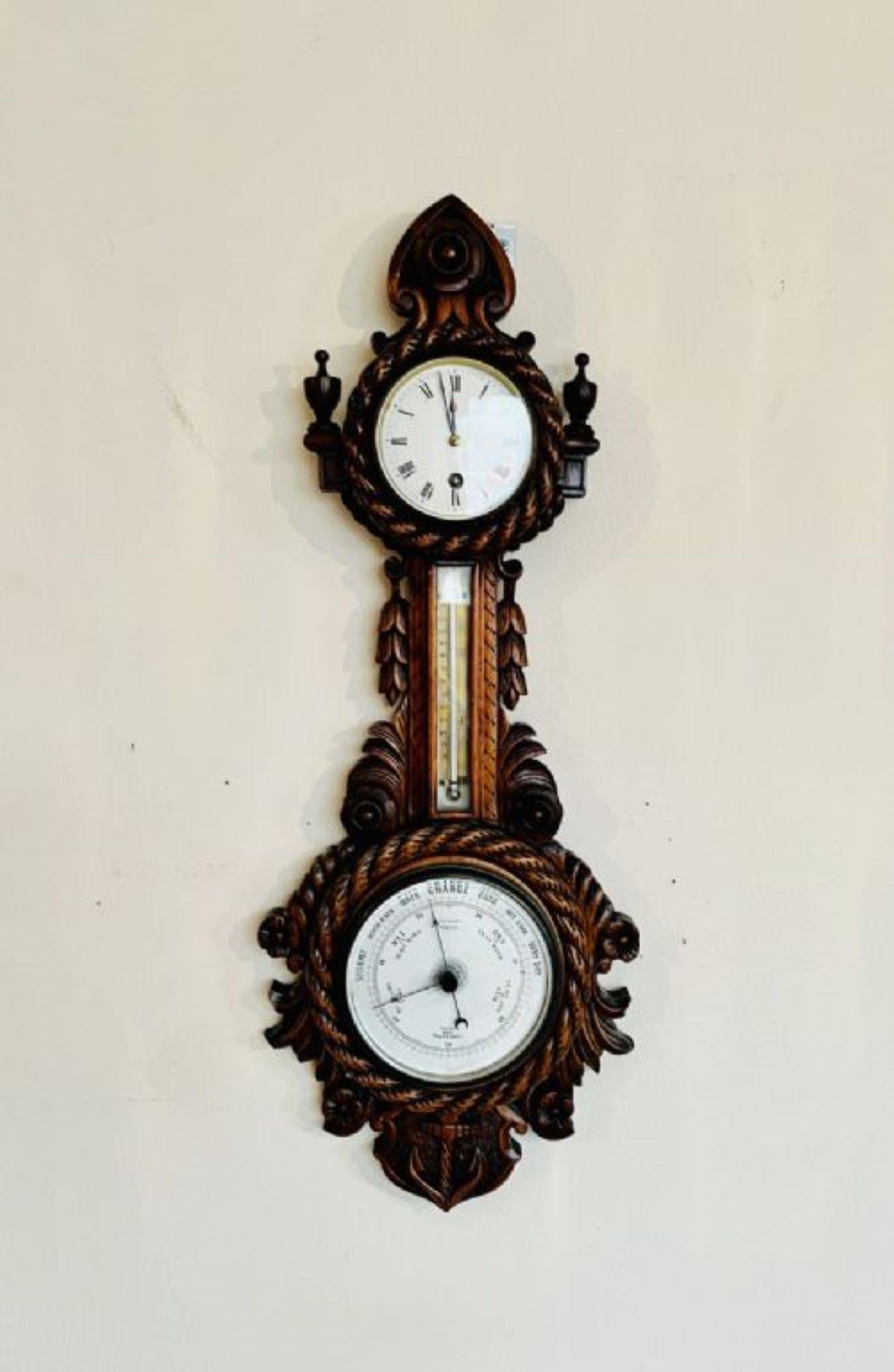 Quality antique Victorian carved walnut banjo clock barometer having a quality carved walnut barometer with a quality carved walnut case having carved rope twists around the porcelain dials and an anchor to the bottom with a clock to the top of the