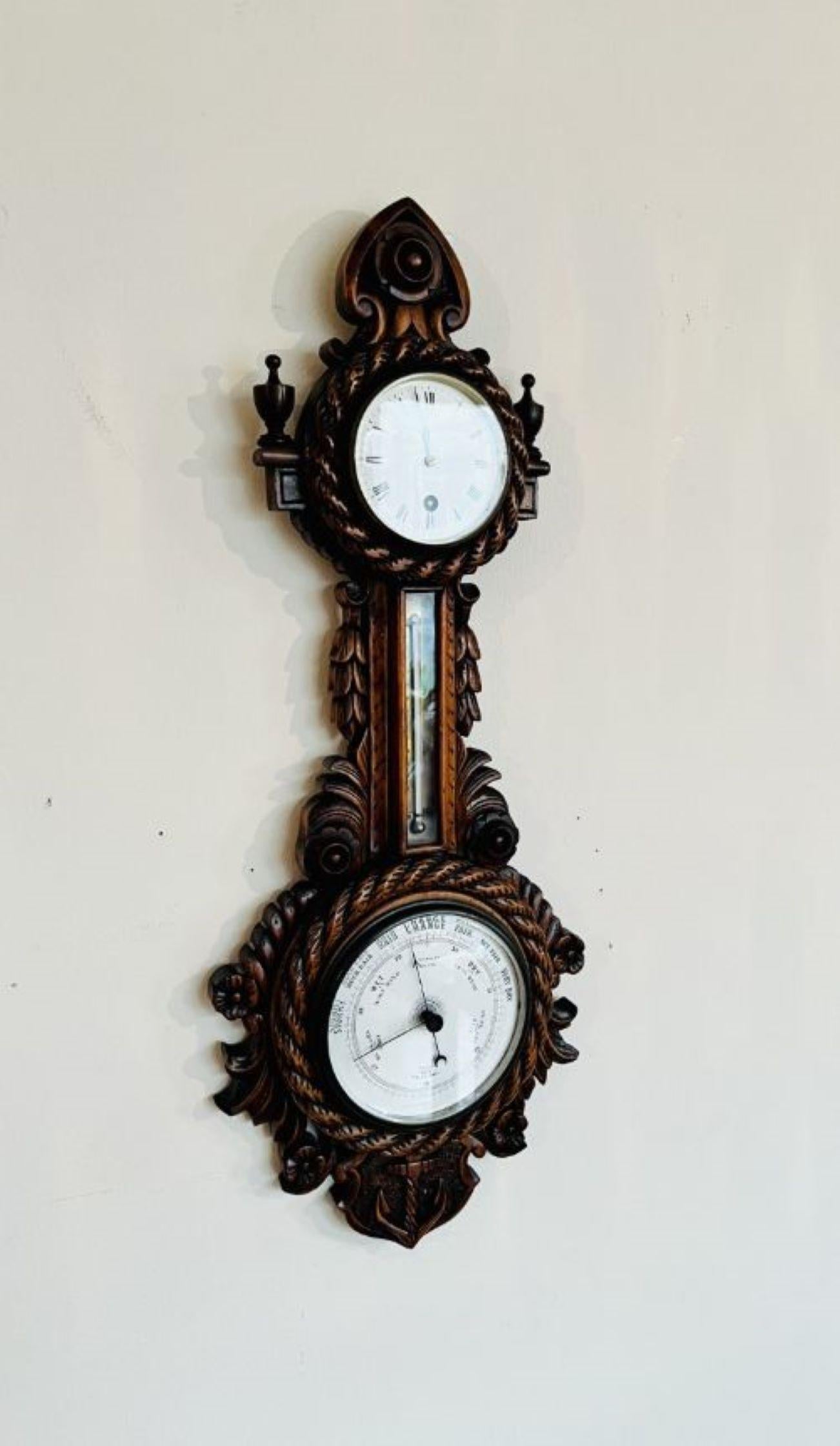 Quality antique Victorian carved walnut banjo clock barometer  In Good Condition For Sale In Ipswich, GB