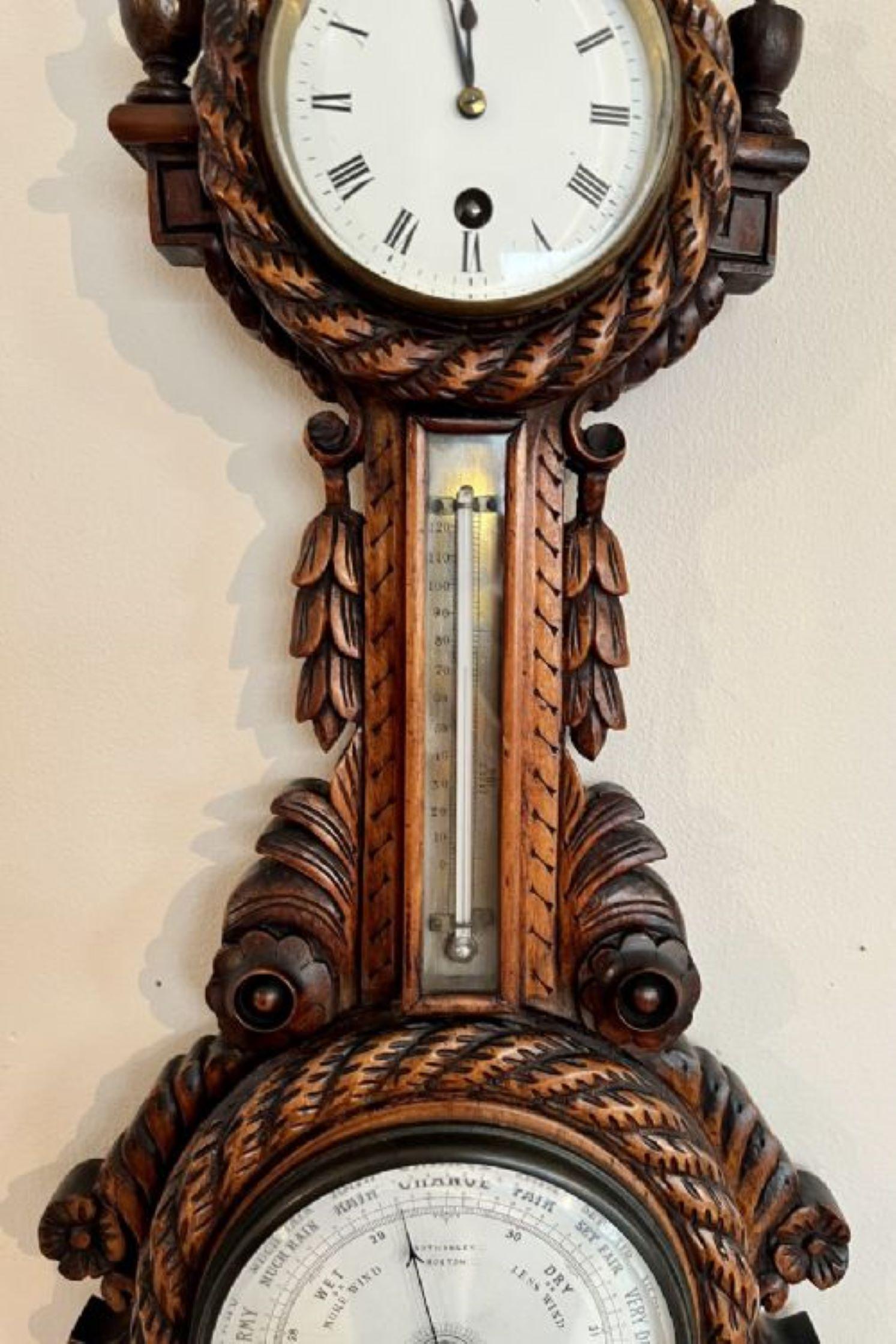 Glass Quality antique Victorian carved walnut banjo clock barometer  For Sale