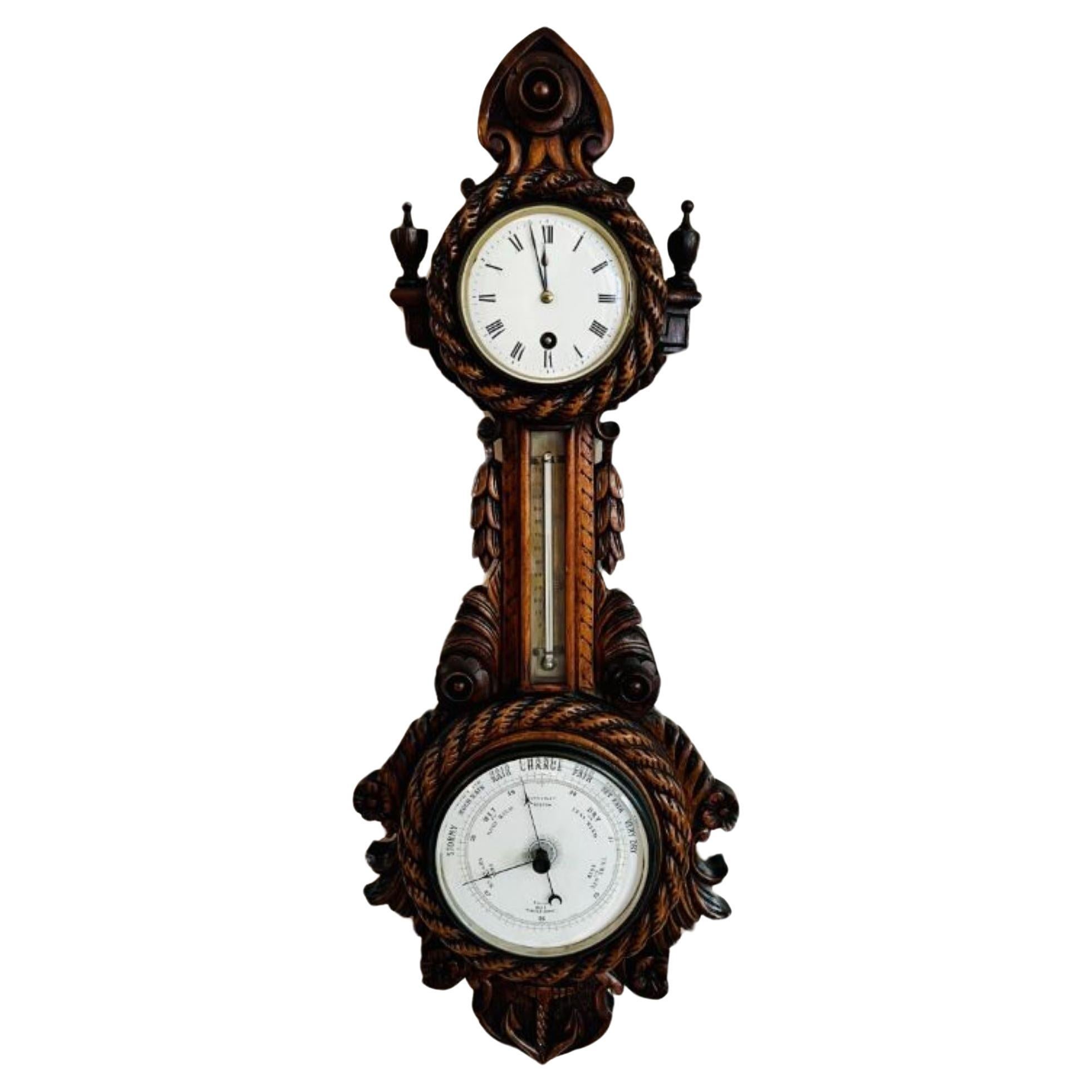 Orologio barometro di qualità con banjo in noce intagliato di epoca vittoriana