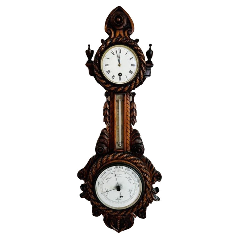 French Carved Walnut Antique Wall Clock, Barometer & Thermometer