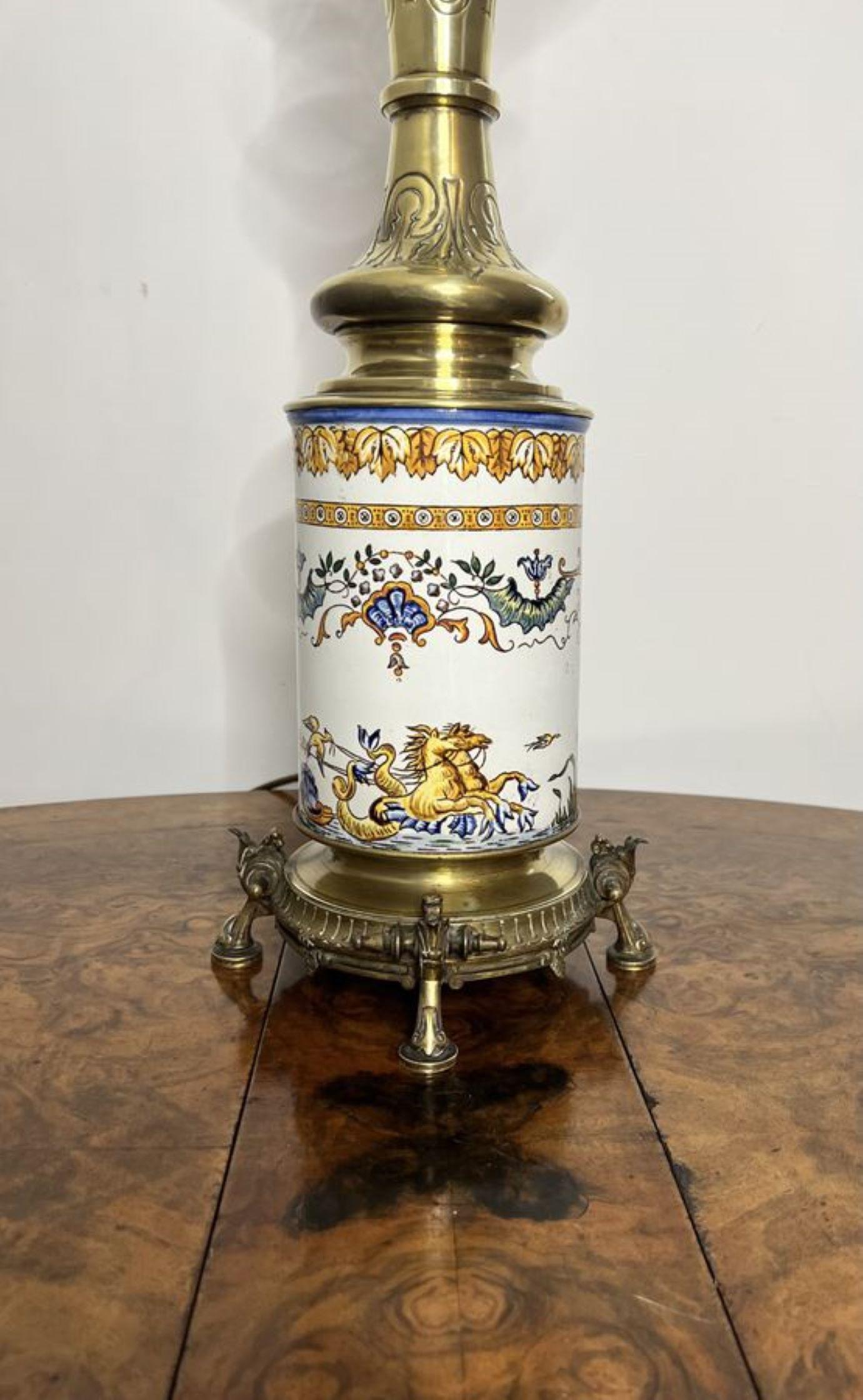 19th Century Quality antique Victorian ceramic and brass lamp For Sale