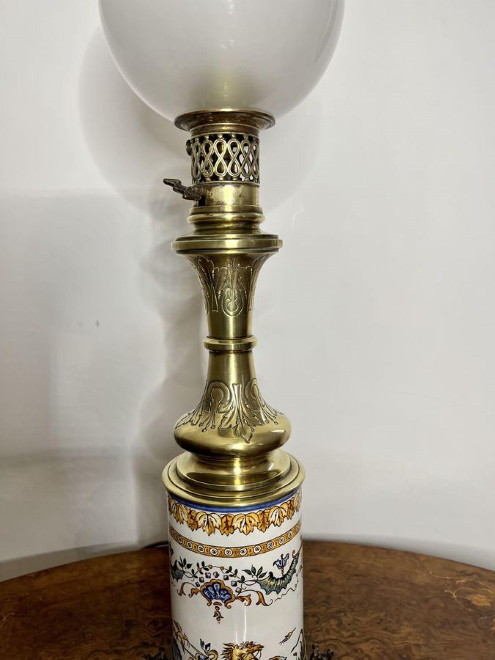 Brass Quality antique Victorian ceramic and brass lamp For Sale