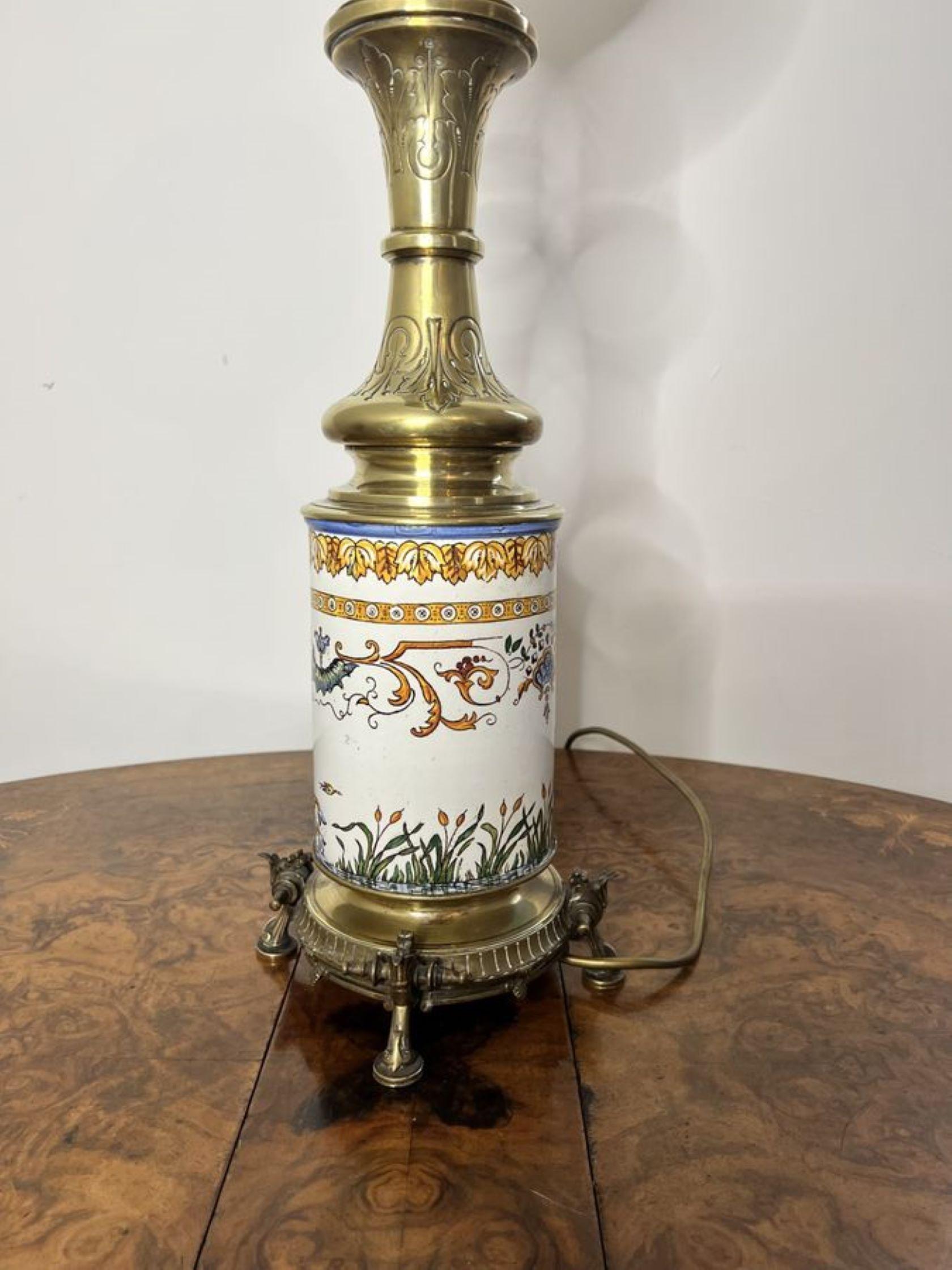 Quality antique Victorian ceramic and brass lamp For Sale 1