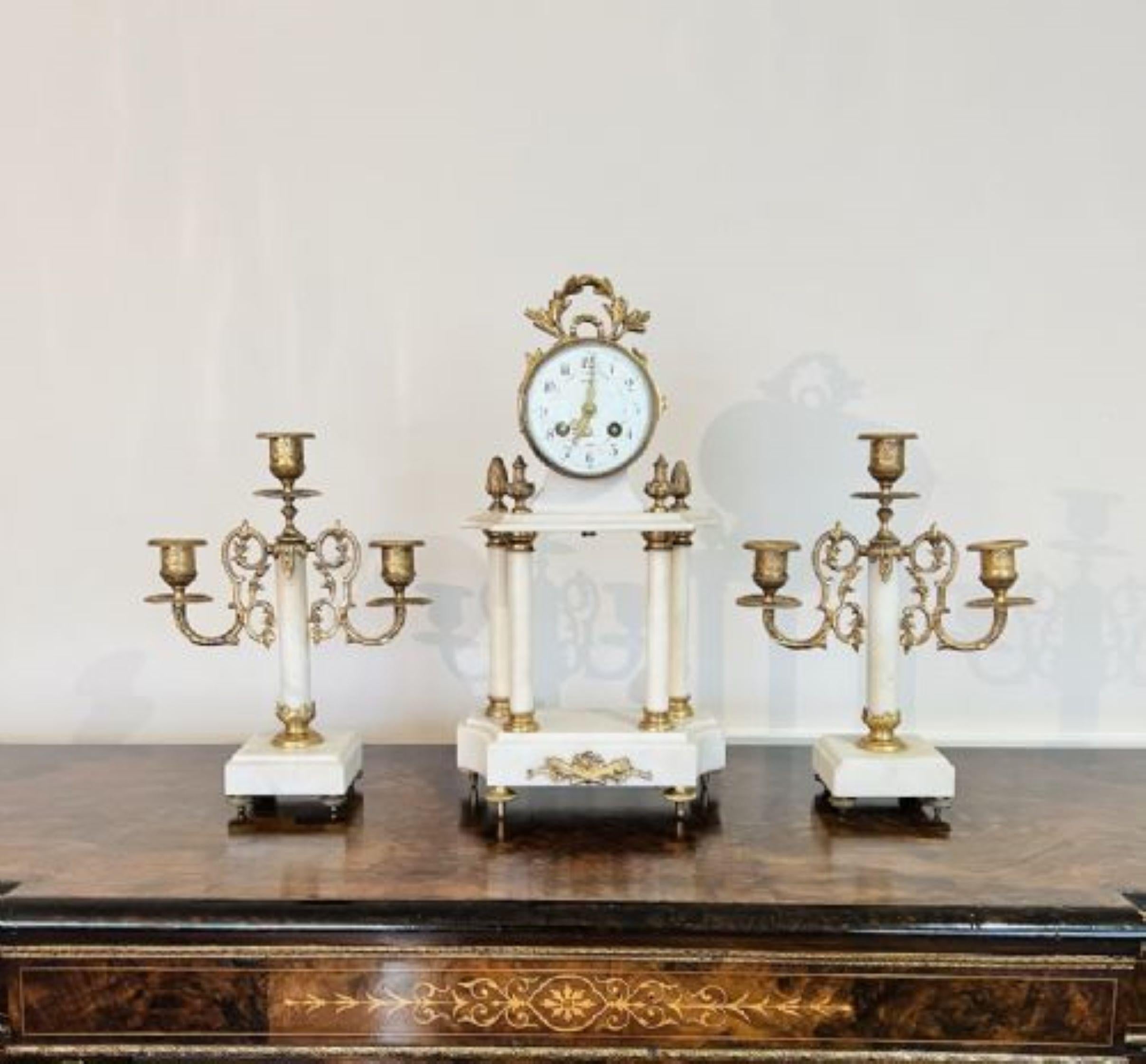 Quality antique Victorian clock garniture with a pair of candelabras  In Good Condition For Sale In Ipswich, GB