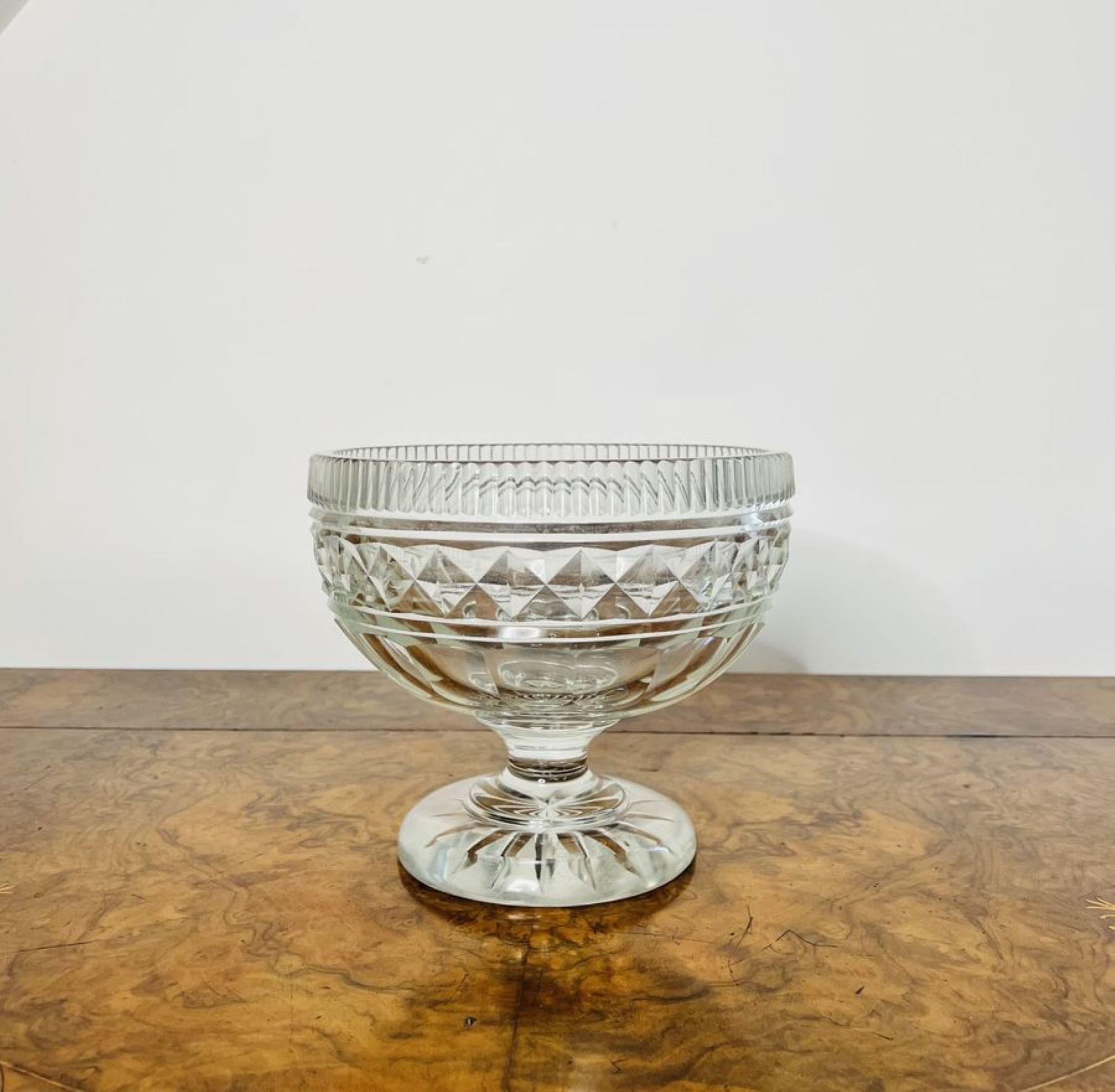 Quality antique Victorian cut glass bowl having a quality Victorian cut glass bowl raised on a pedestal with a circular base.

D. 1880